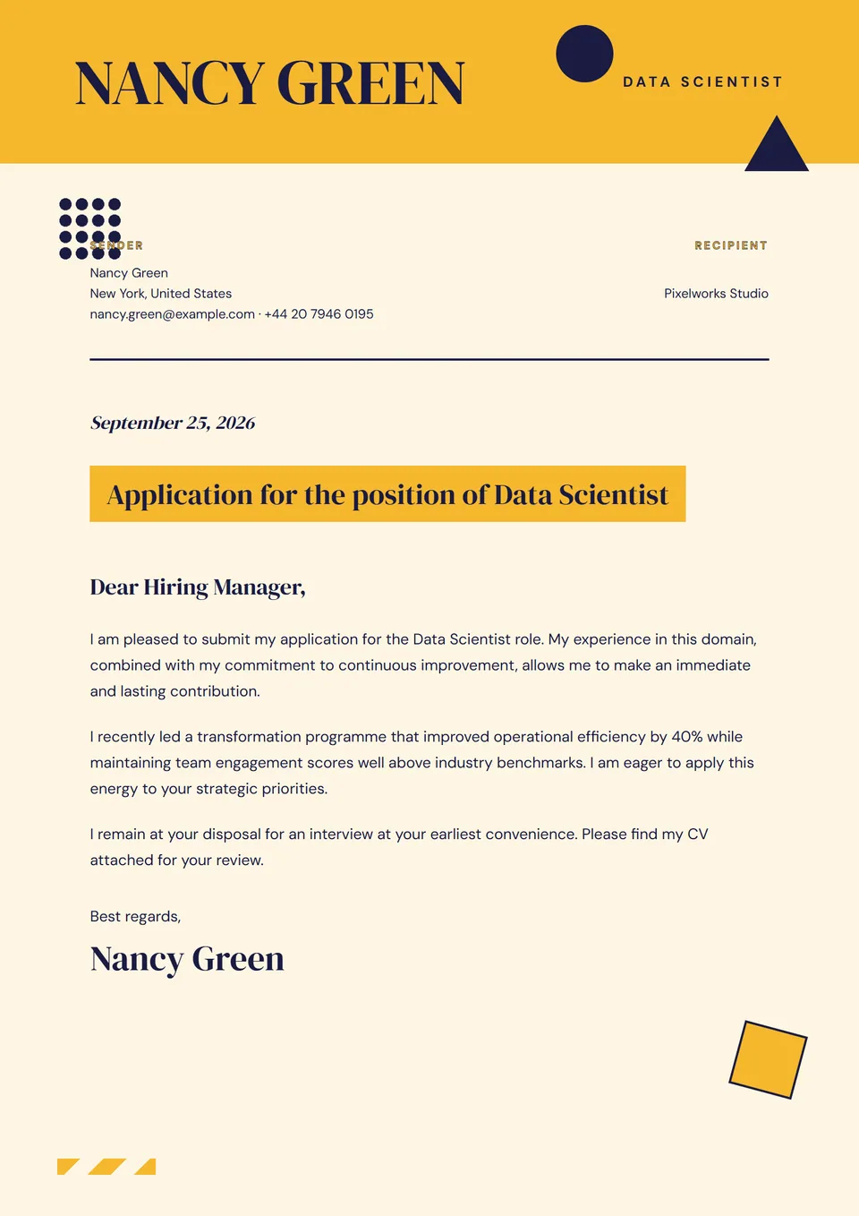 Bloco de Cor — Modelos de carta de apresentação