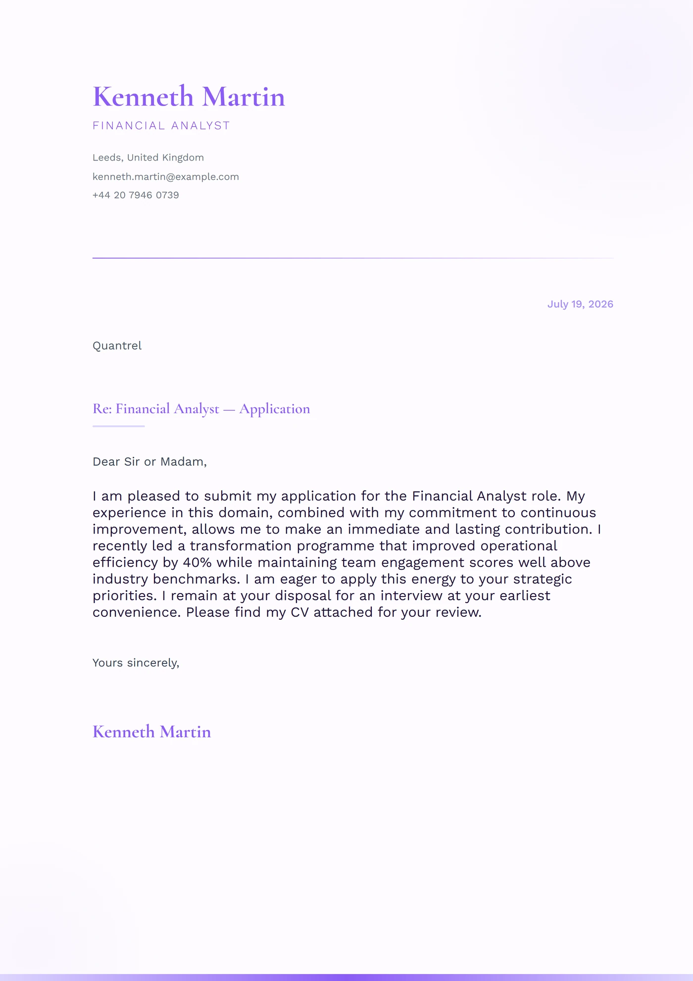 Foschia lavanda — Modelli di lettera di presentazione
