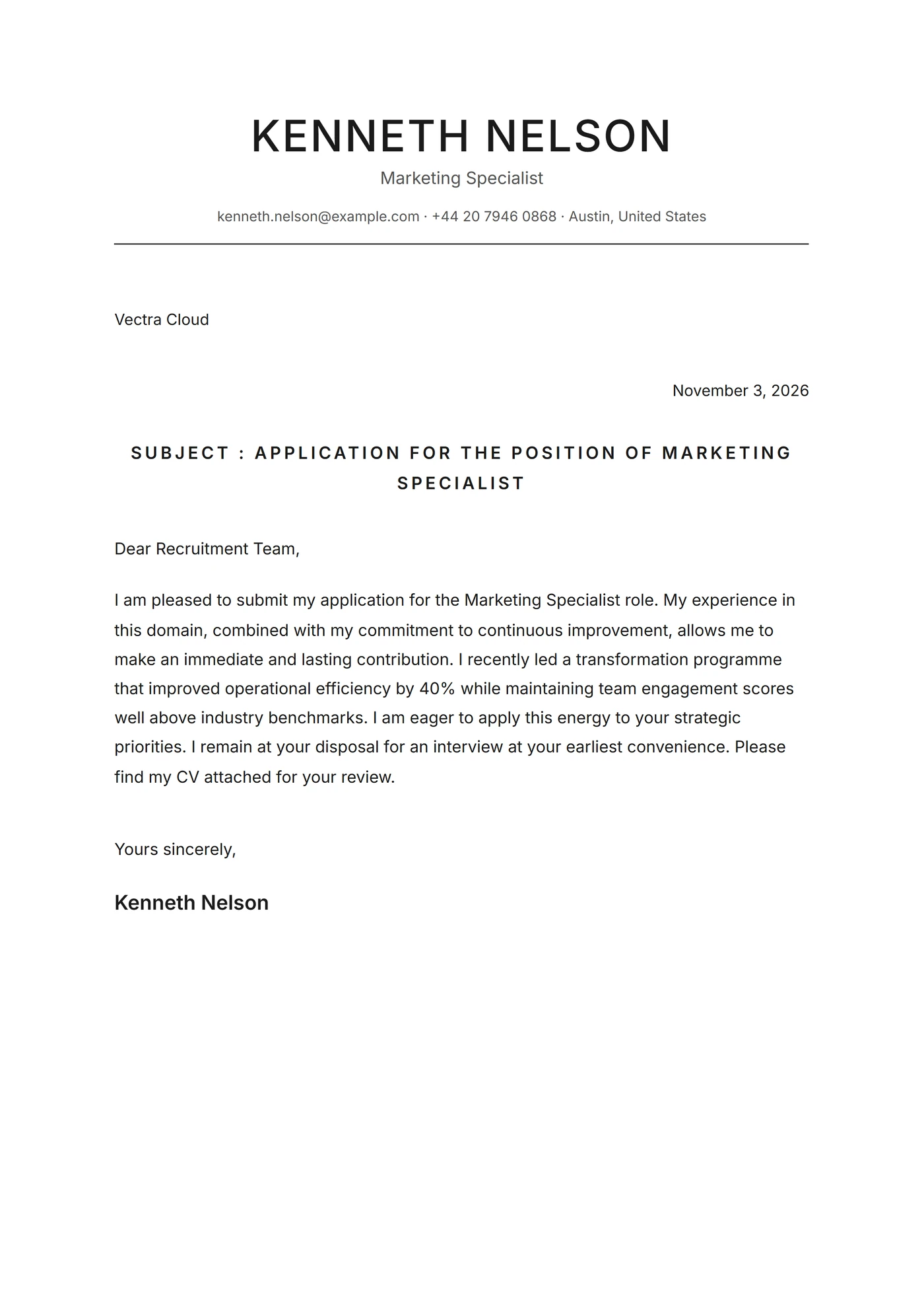 Minimal centrato — Modelli di lettera di presentazione
