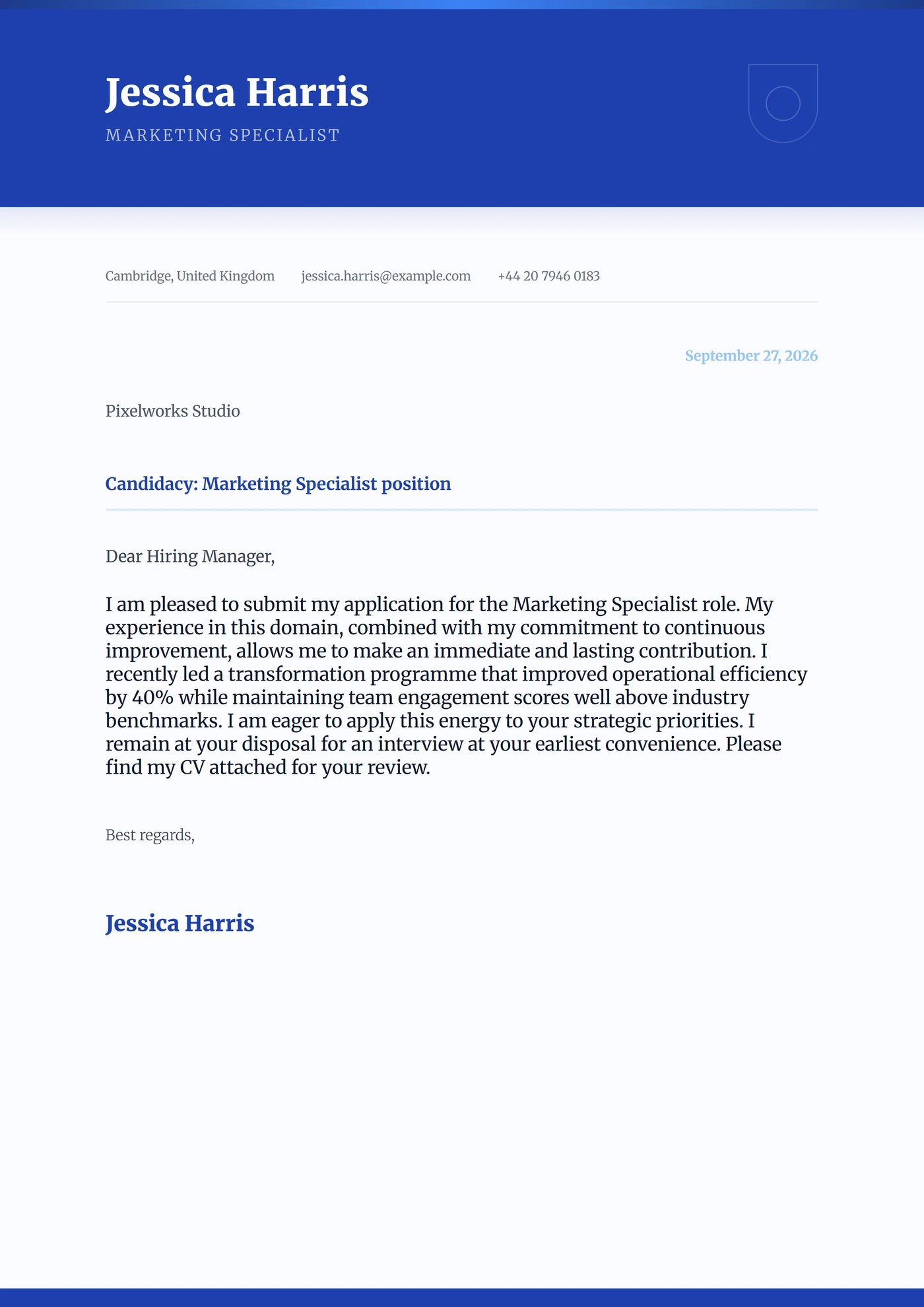 Zaffiro reale — Modelli di lettera di presentazione