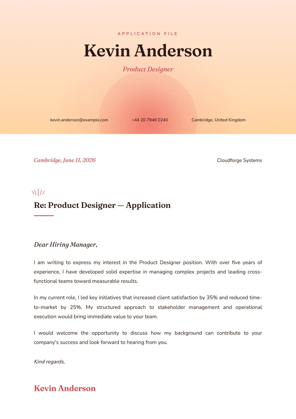 Amanhecer Coral — Modelos de carta de apresentação