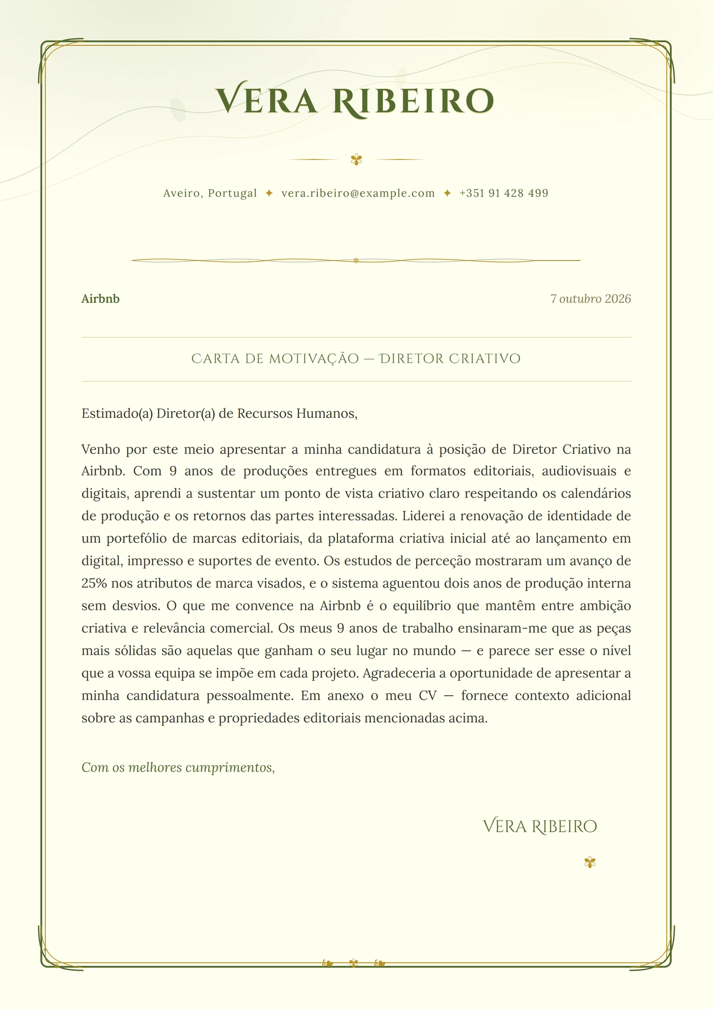 Arte Nova — Modelos de carta de apresentação