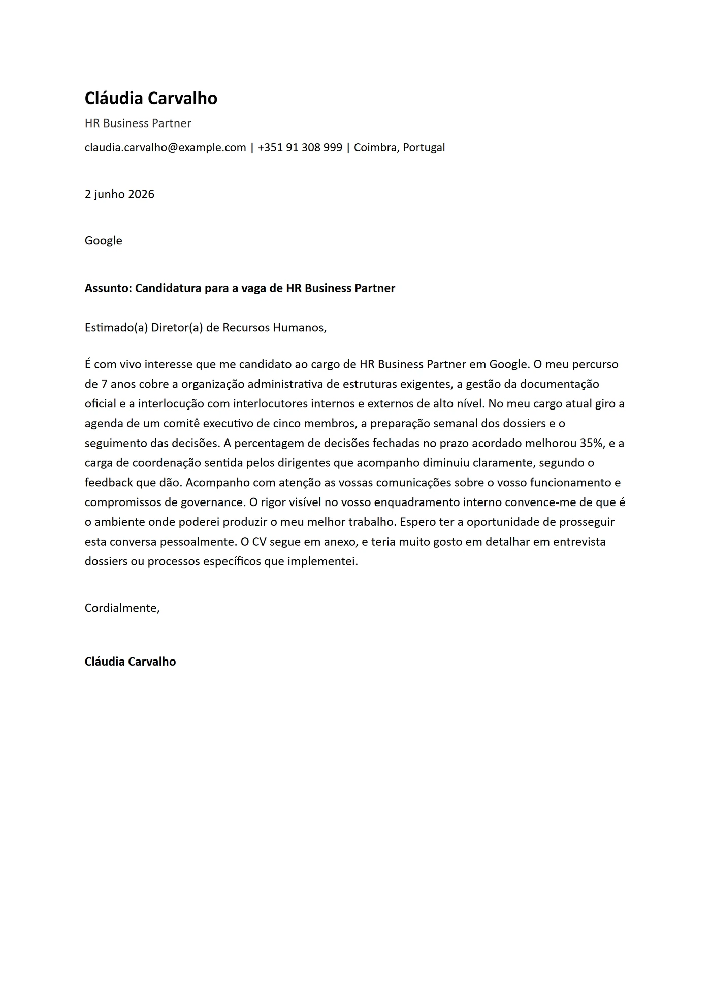 ATS Calibri — Modelos de carta de apresentação