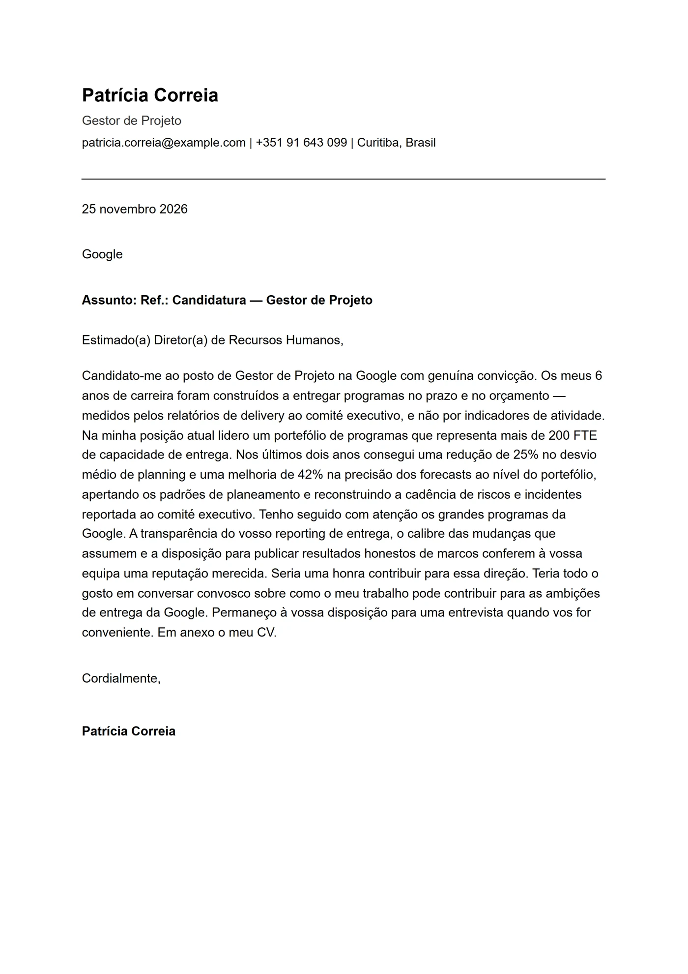 ATS filete — Modelos de carta de apresentação
