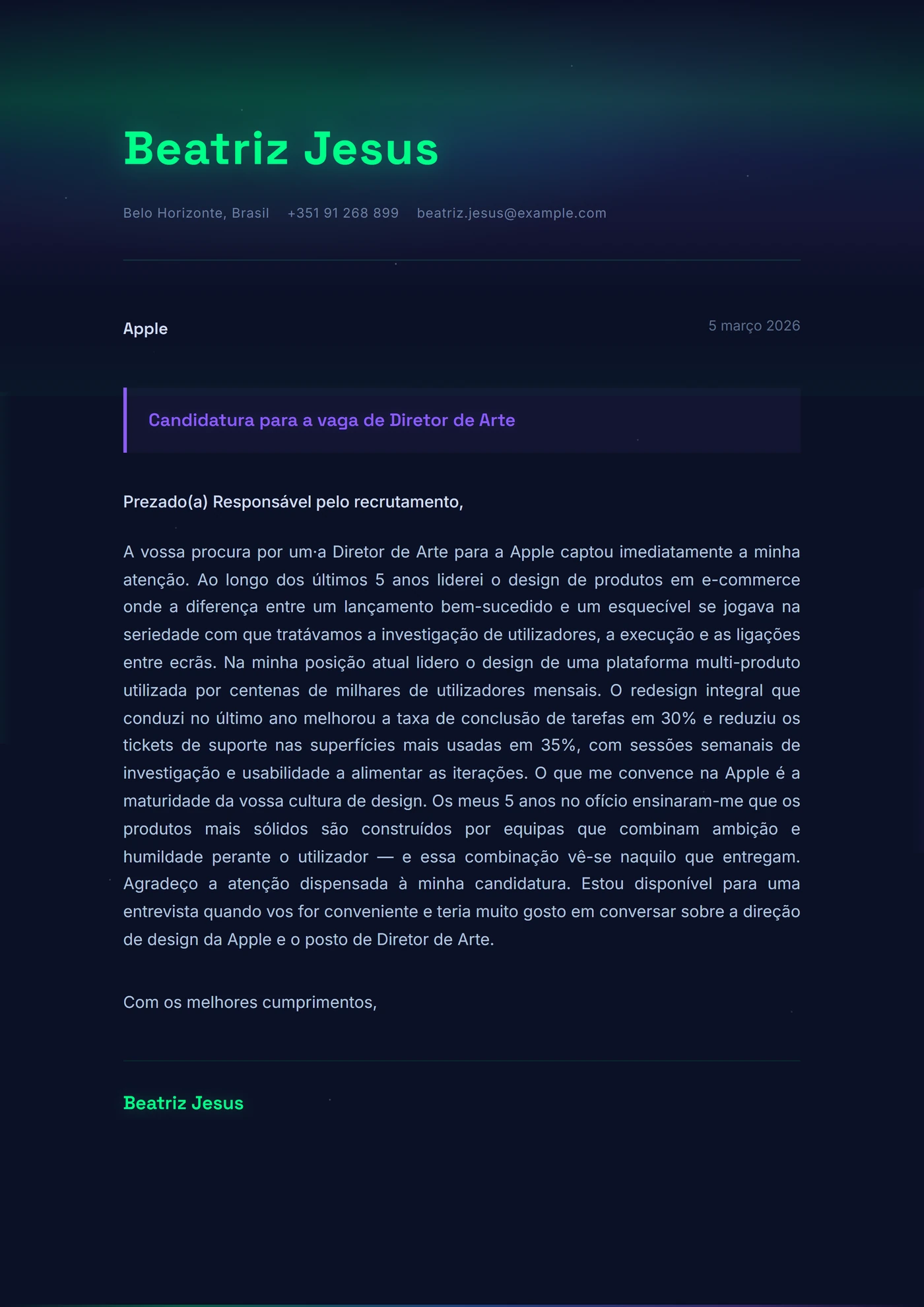 Aurora boreal — Modelos de carta de apresentação