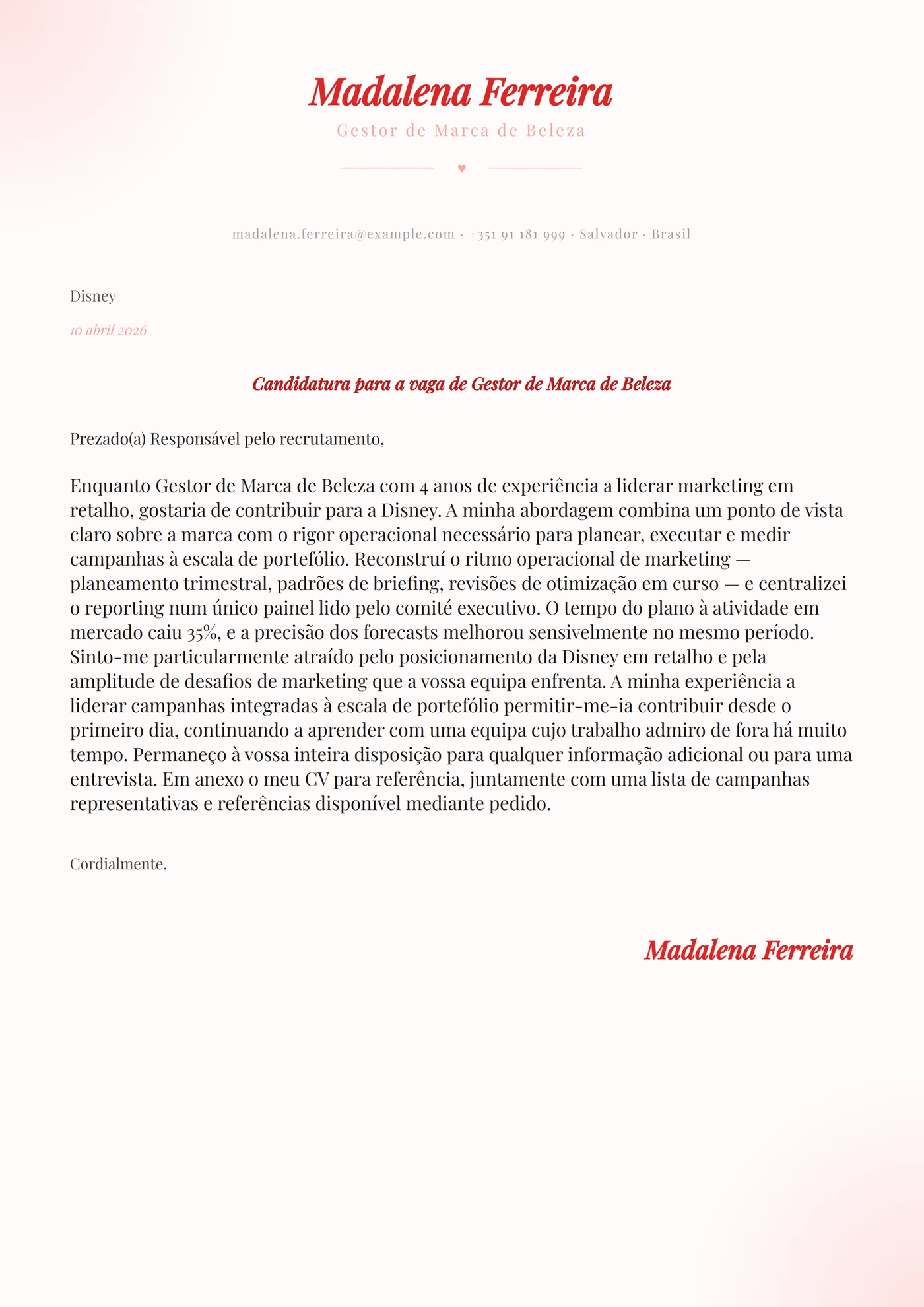Rosa romance — Modelos de carta de apresentação