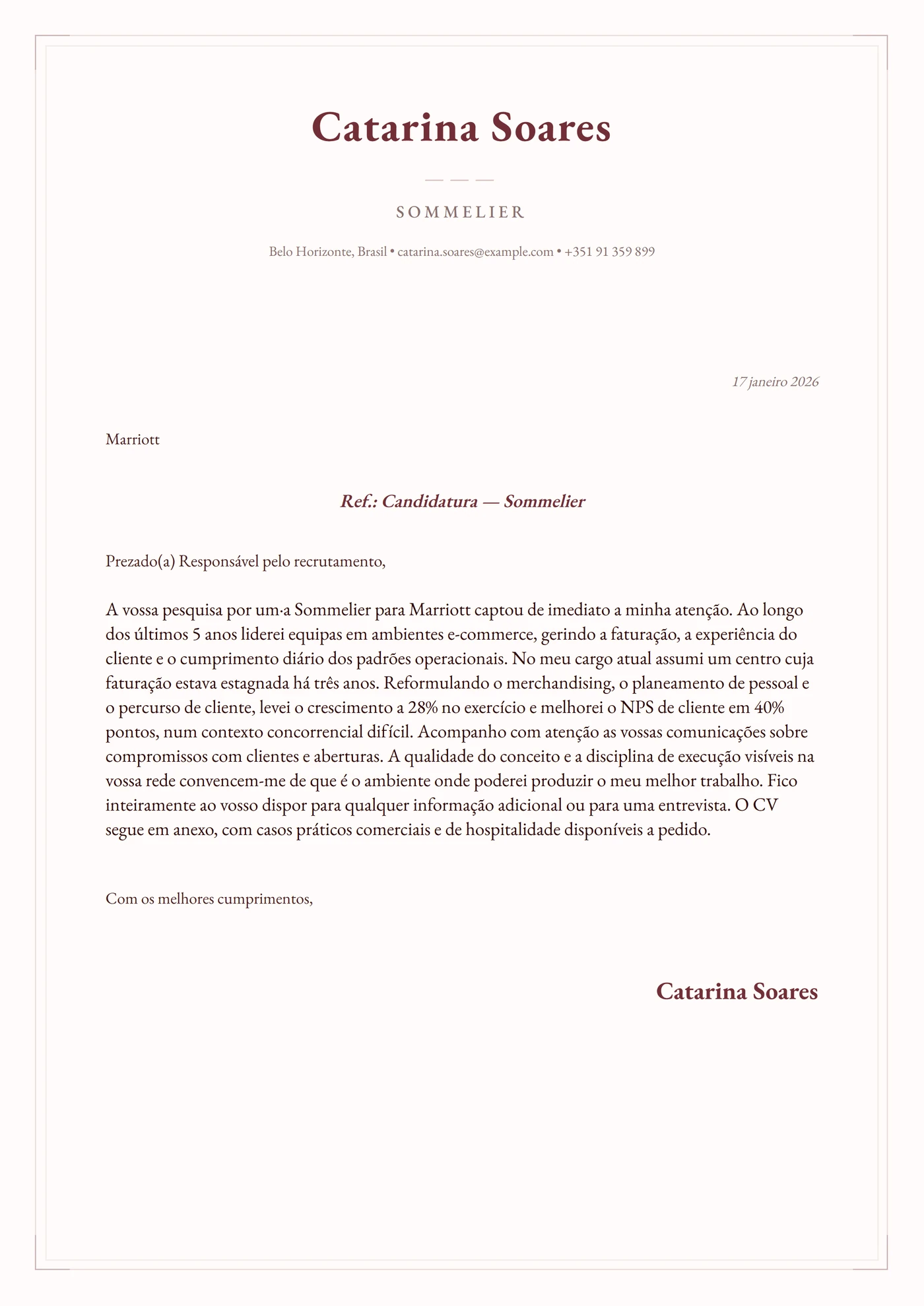 Veludo bordô — Modelos de carta de apresentação