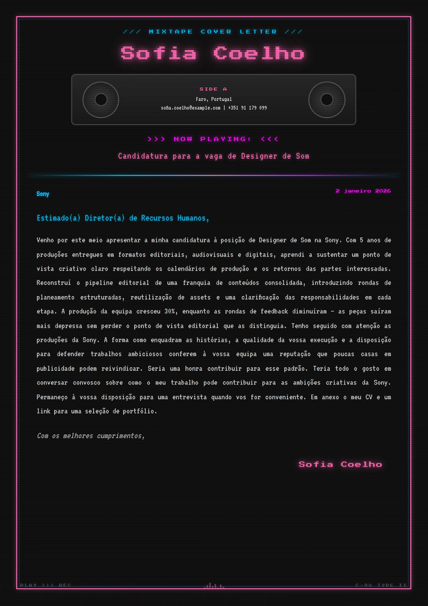 Cassete áudio — Modelos de carta de apresentação