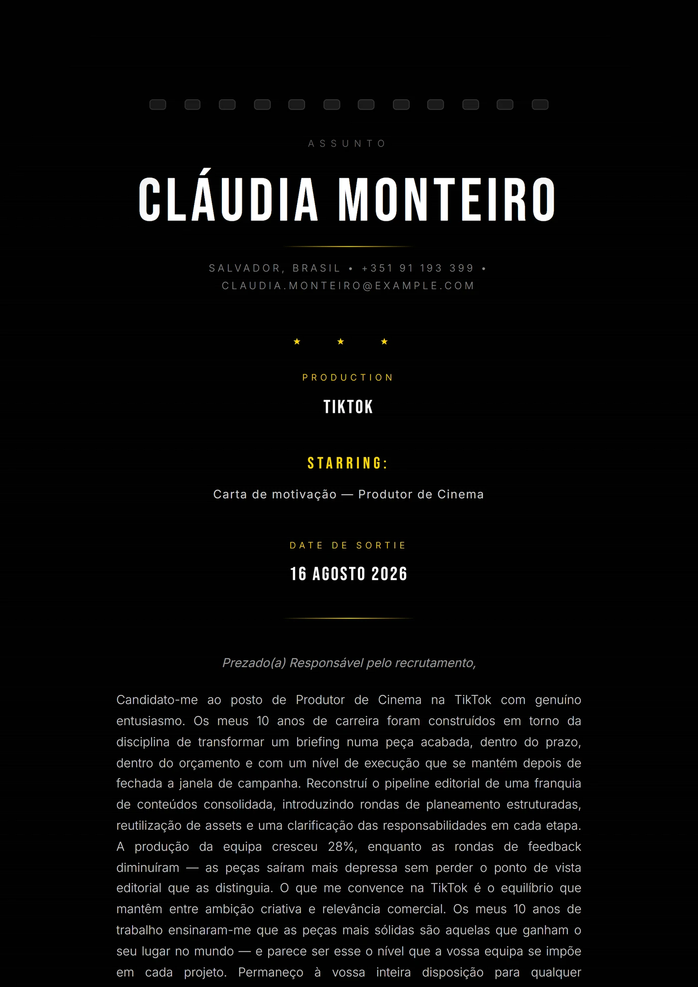 Genéricos de cinema — Modelos de carta de apresentação