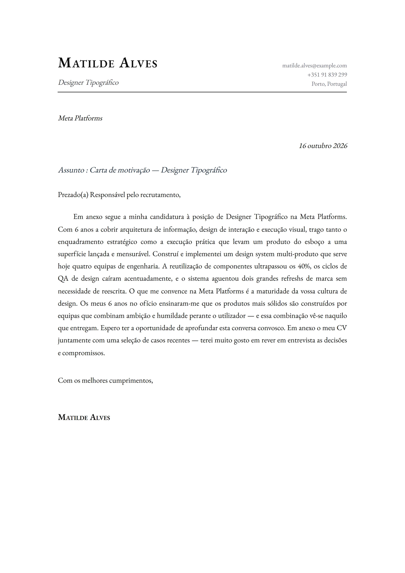Clássica Tipografada — Modelos de carta de apresentação