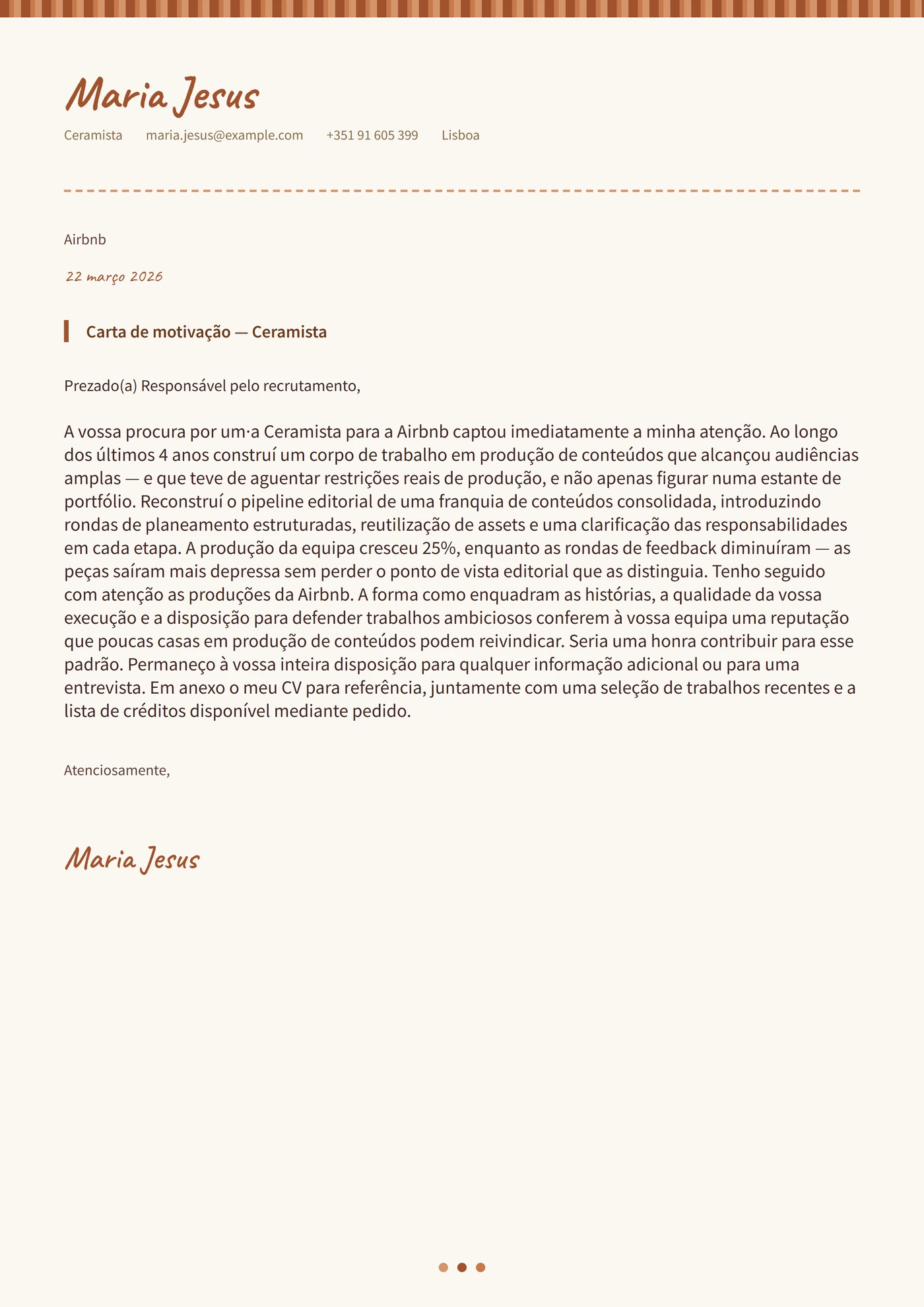Cerâmica de barro — Modelos de carta de apresentação