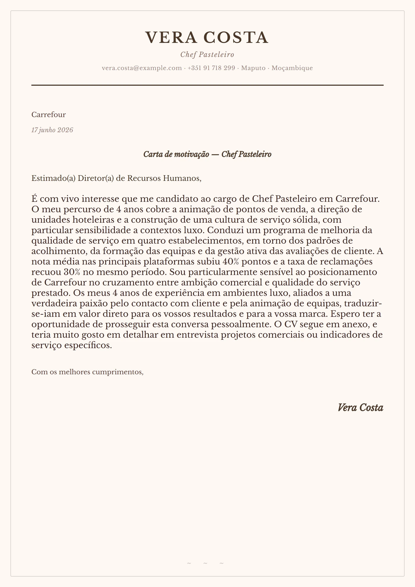 Creme de cacau — Modelos de carta de apresentação