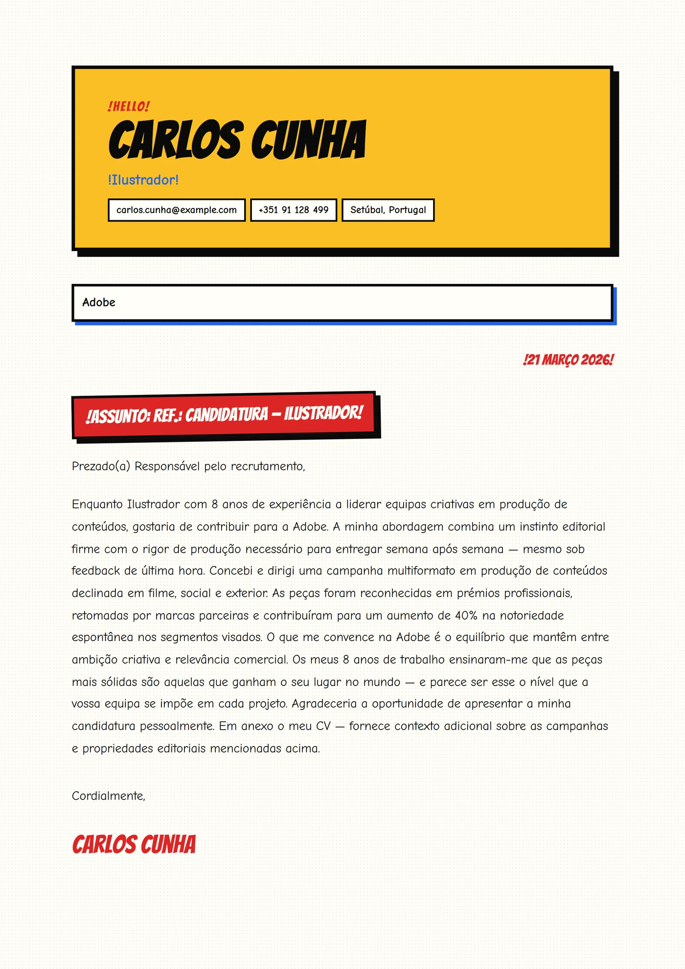 Banda desenhada — Modelos de carta de apresentação