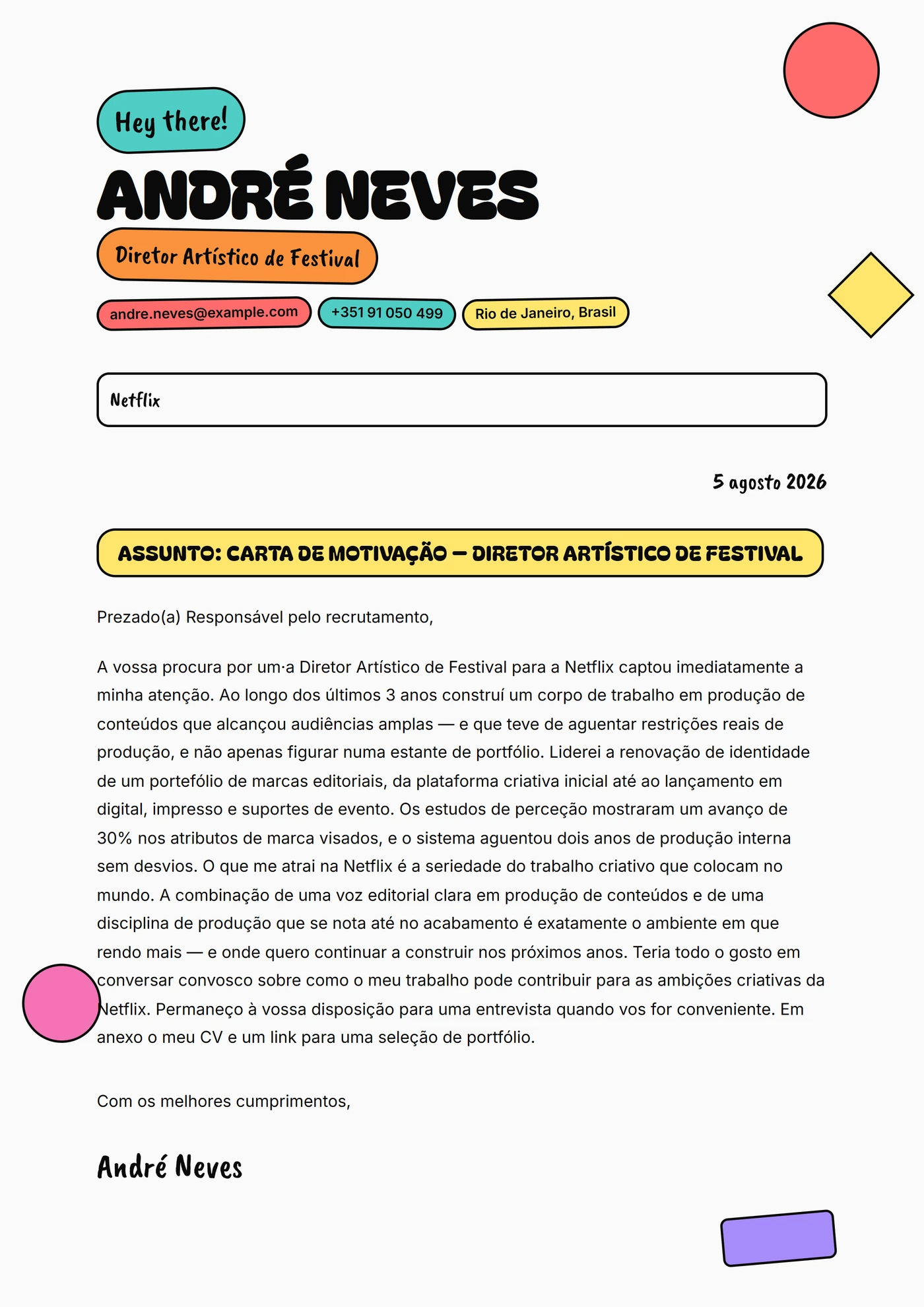 Cartaz pop — Modelos de carta de apresentação