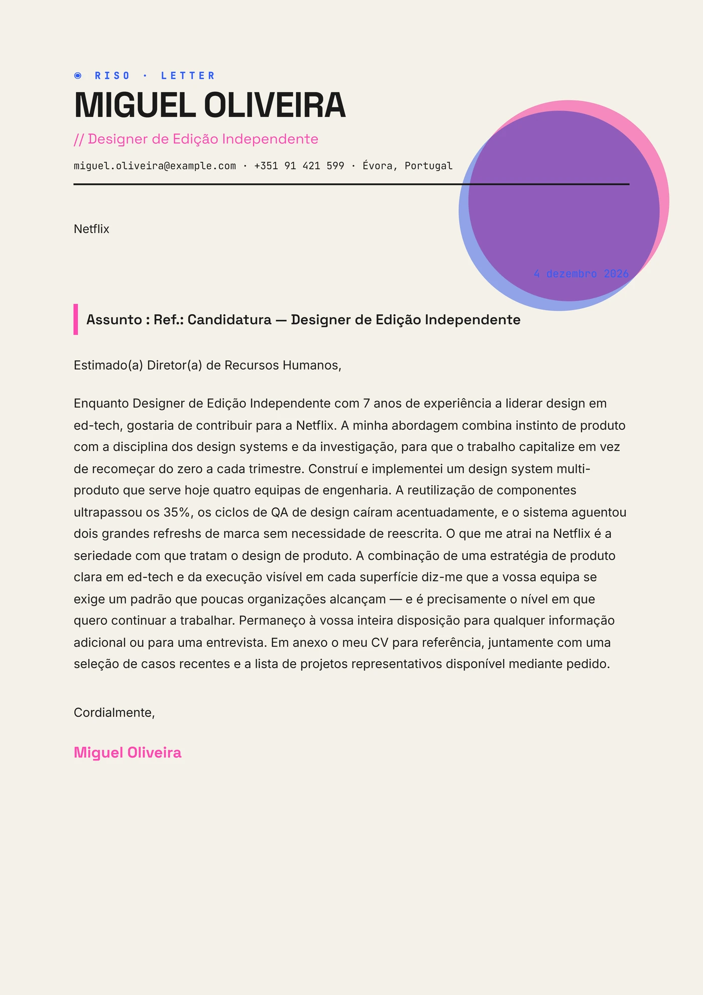 Riso print — Modelos de carta de apresentação