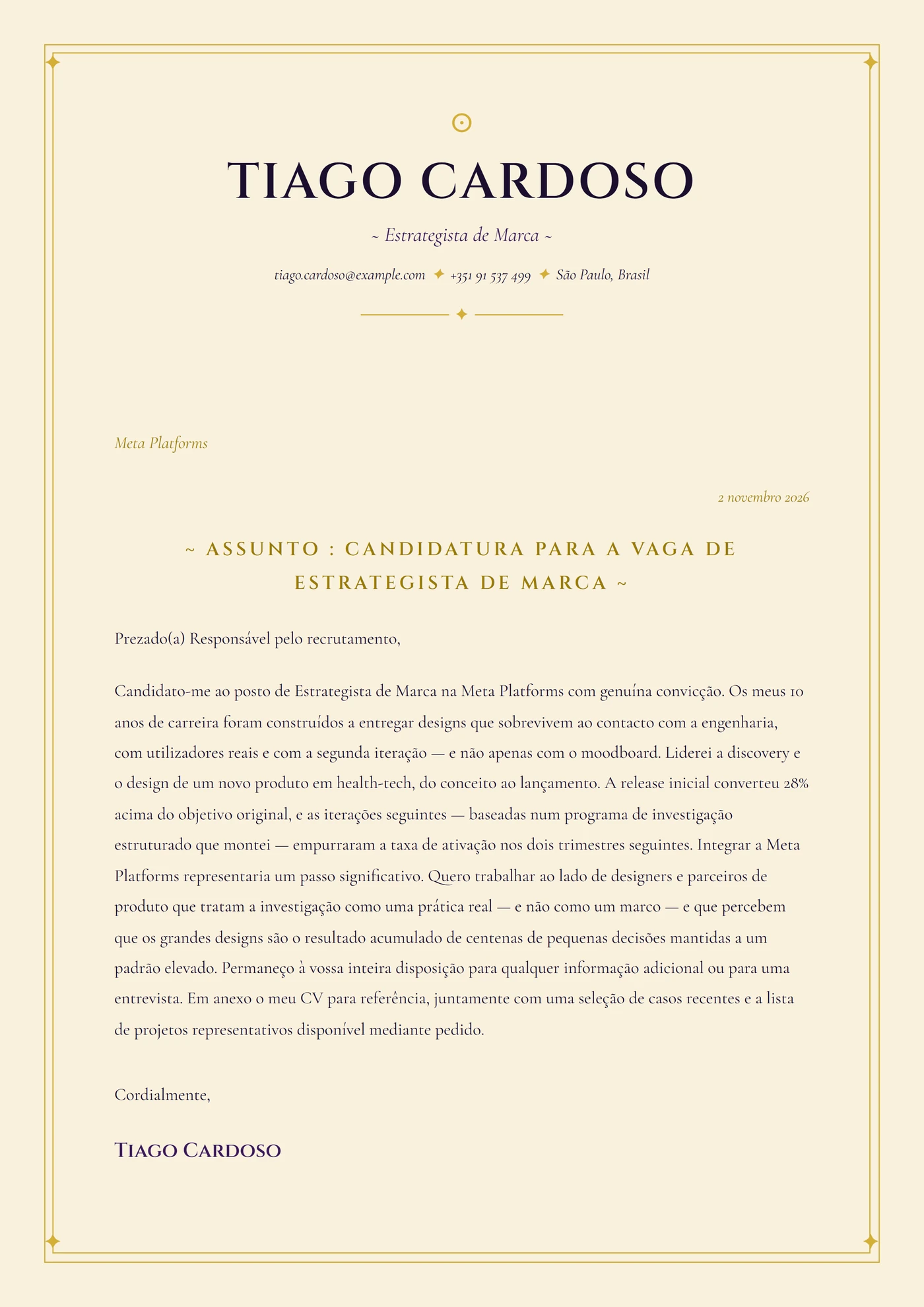 Carta de tarot — Modelos de carta de apresentação