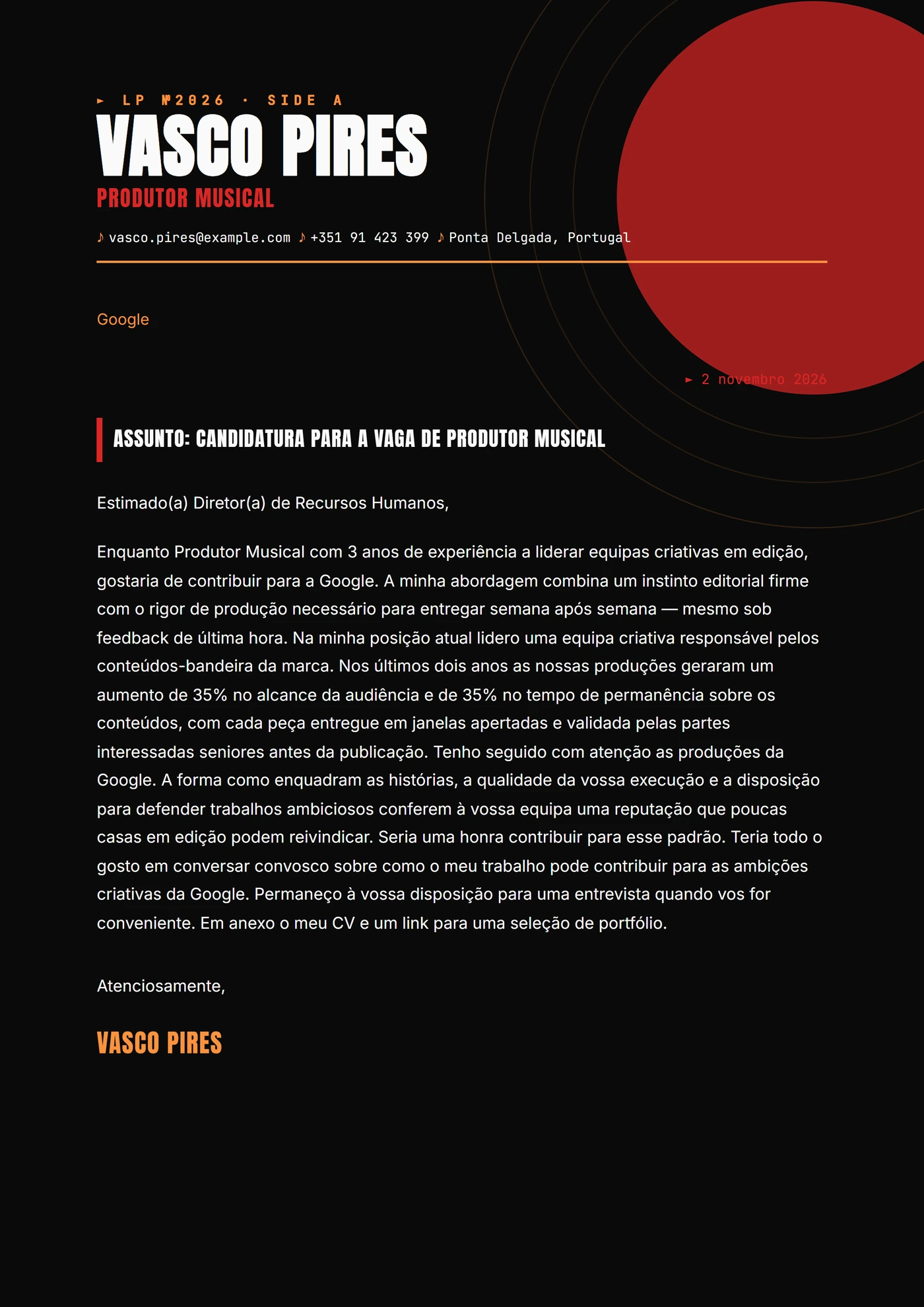 Capa de vinil — Modelos de carta de apresentação