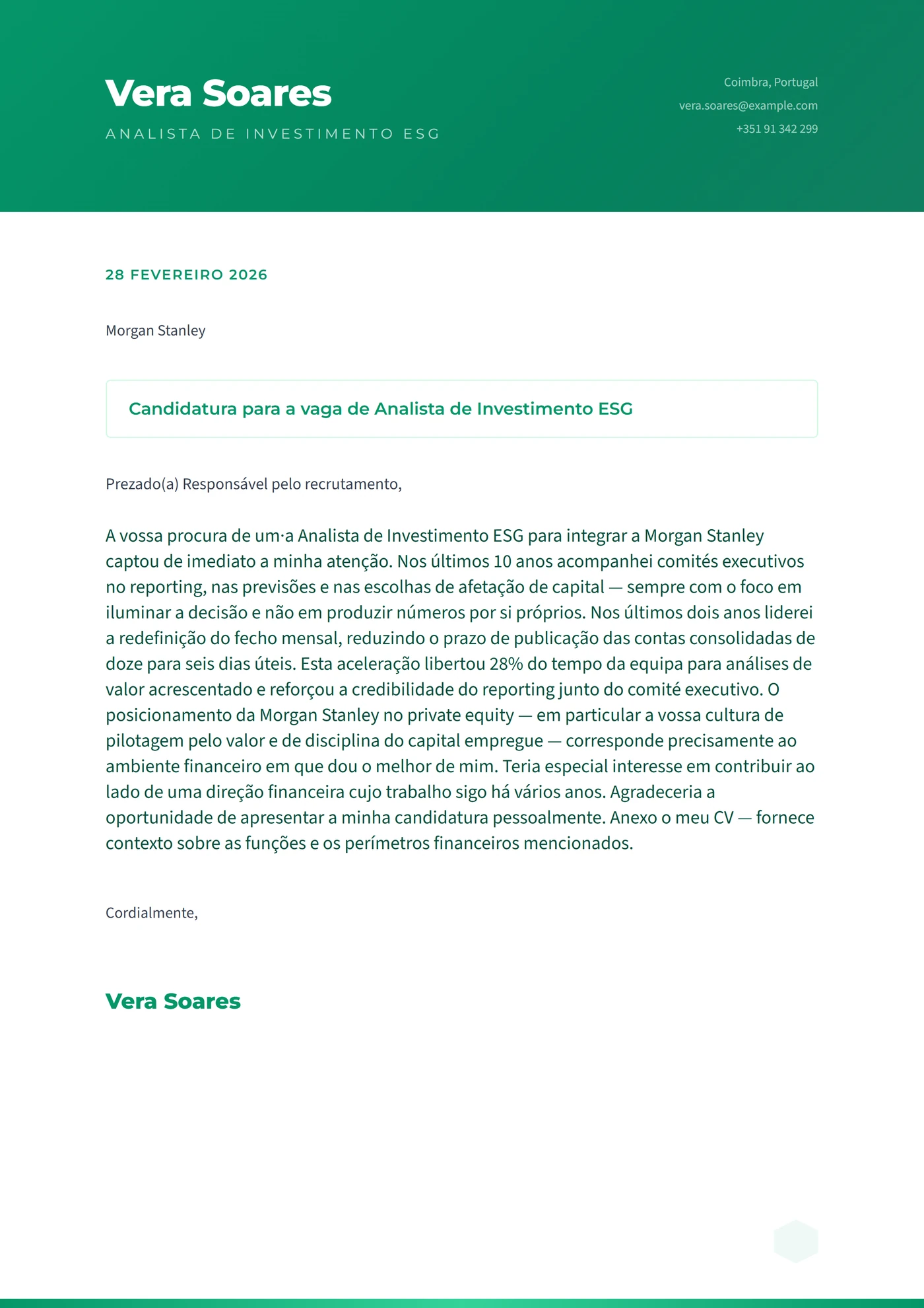 Cidade Esmeralda — Modelos de carta de apresentação