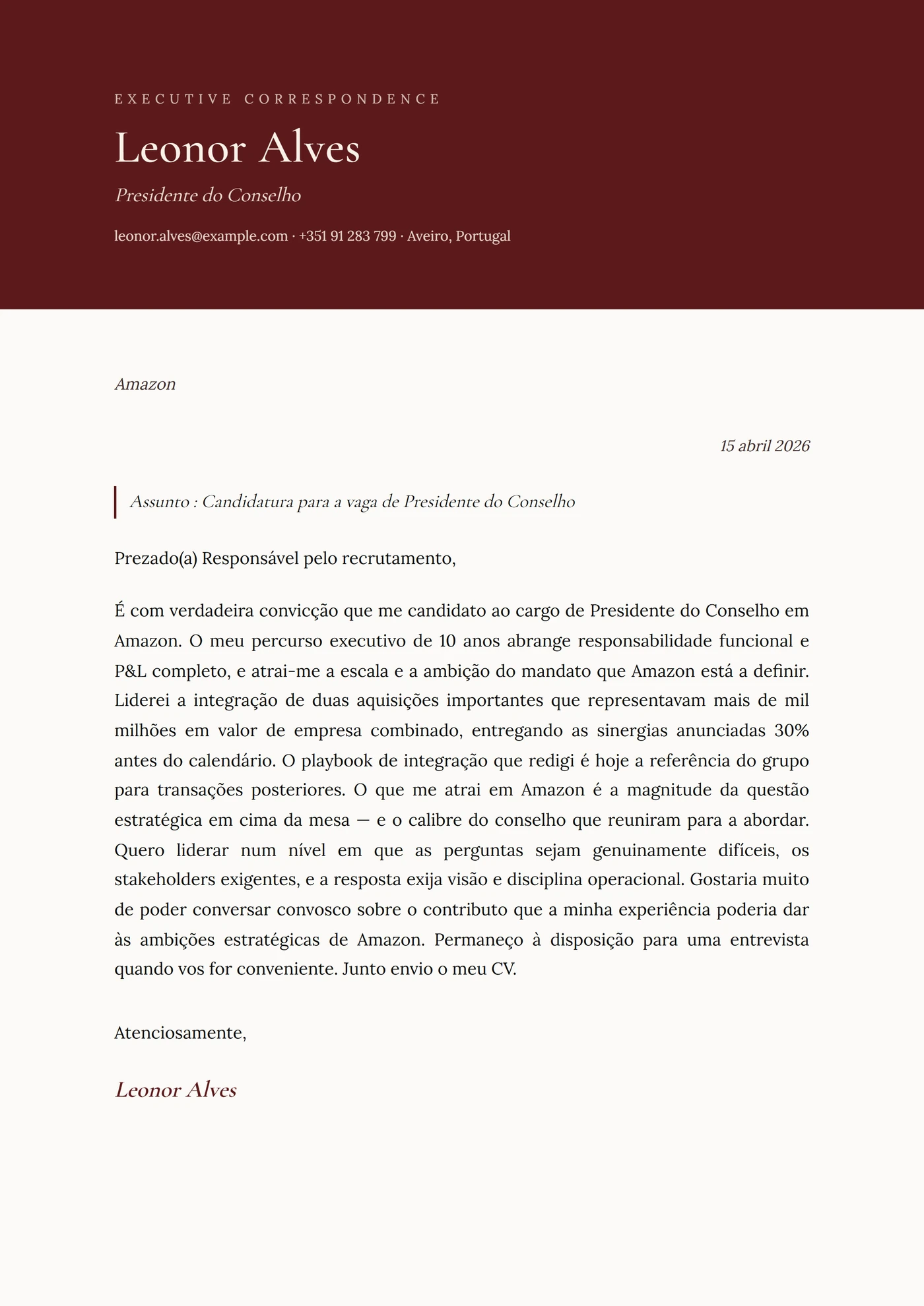Bordô — Modelos de carta de apresentação