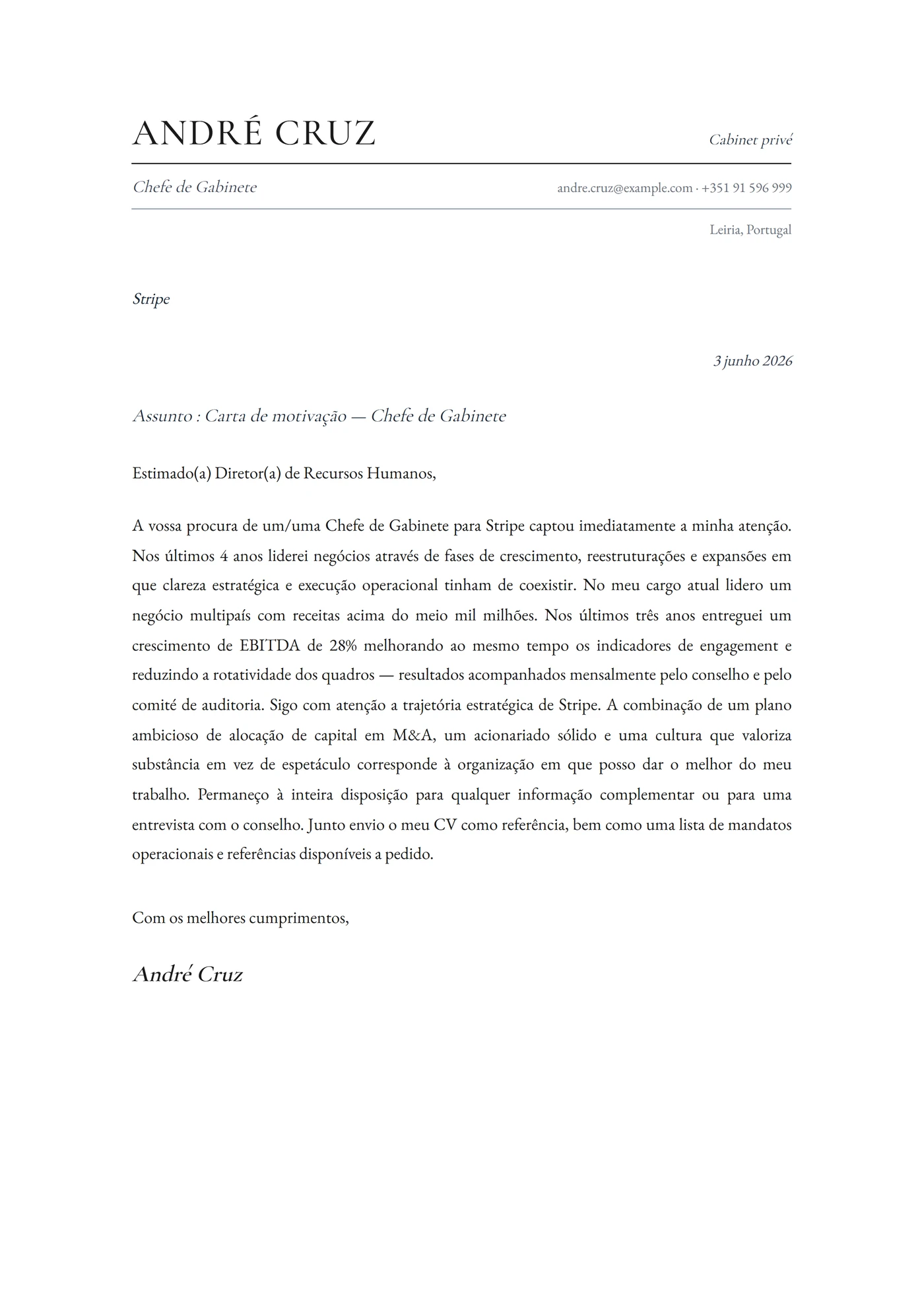 Cabinet — Modelos de carta de apresentação