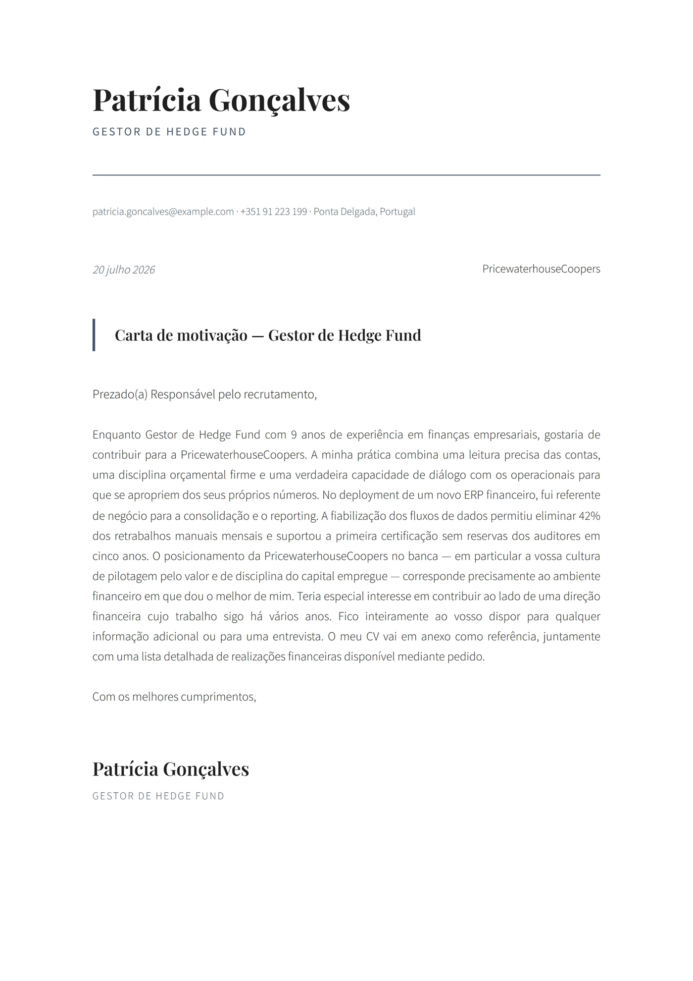Exec Finanças Moderna — Modelos de carta de apresentação