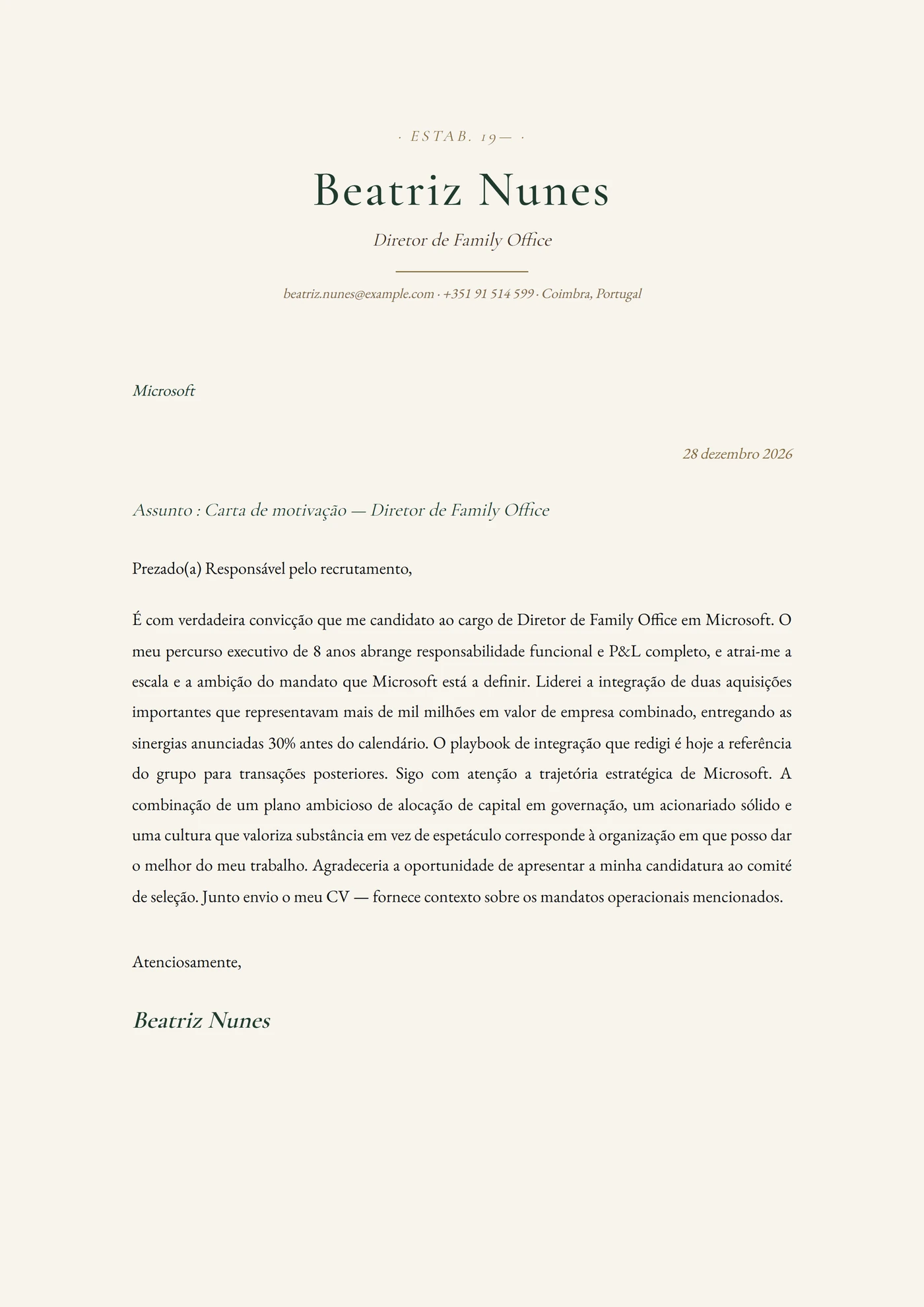 Velha fortuna — Modelos de carta de apresentação