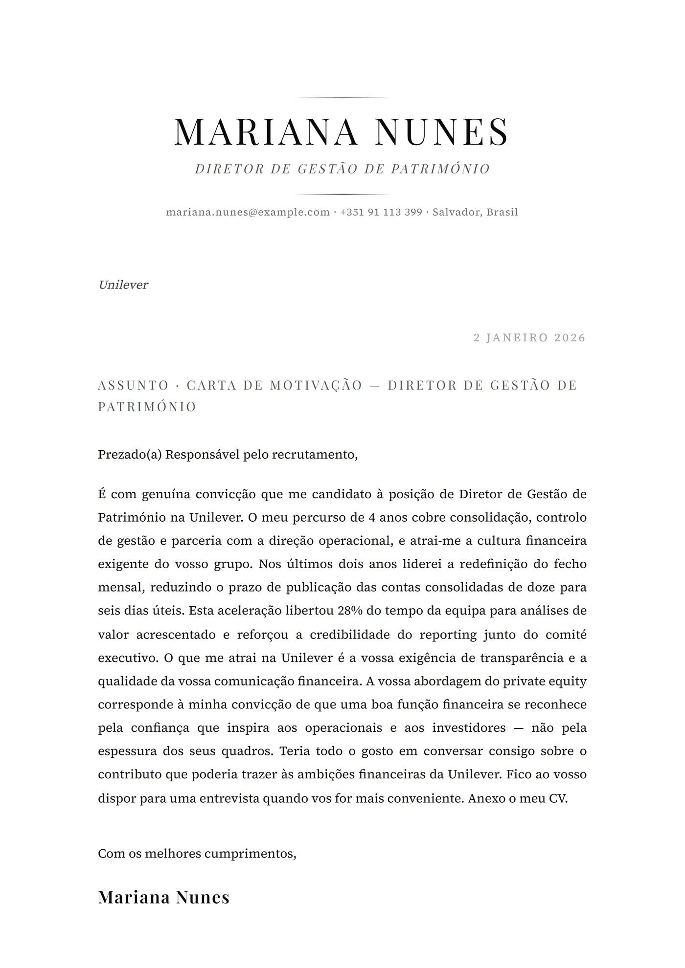 Platina — Modelos de carta de apresentação