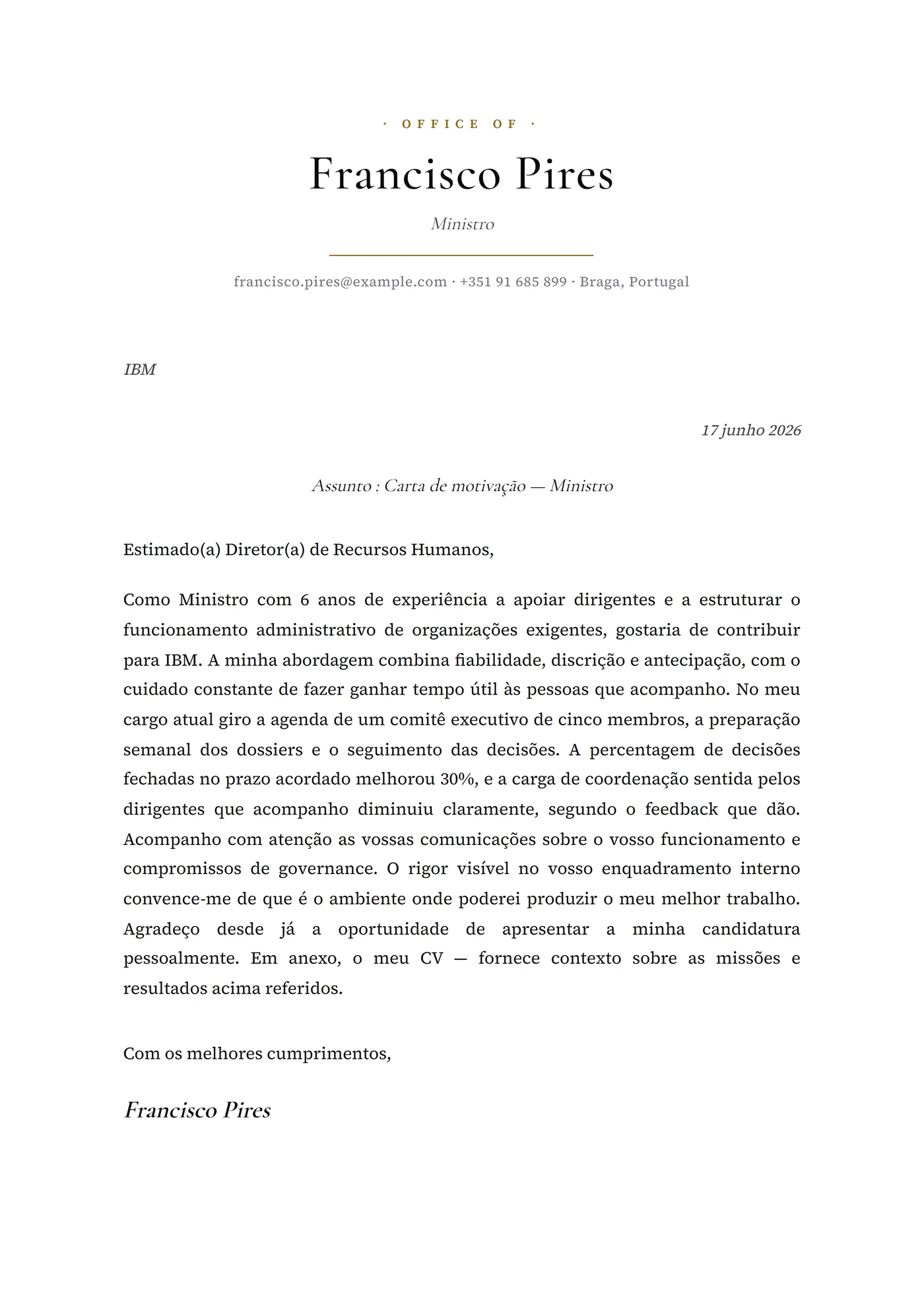 Presidencial — Modelos de carta de apresentação