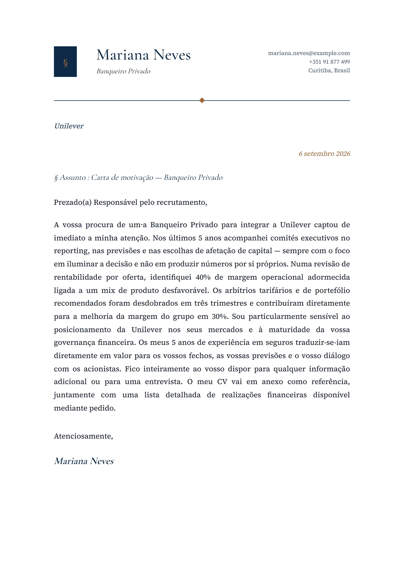Banca privada — Modelos de carta de apresentação
