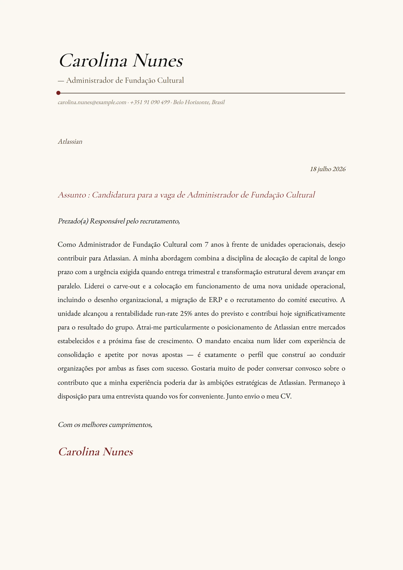 Pena de ave — Modelos de carta de apresentação