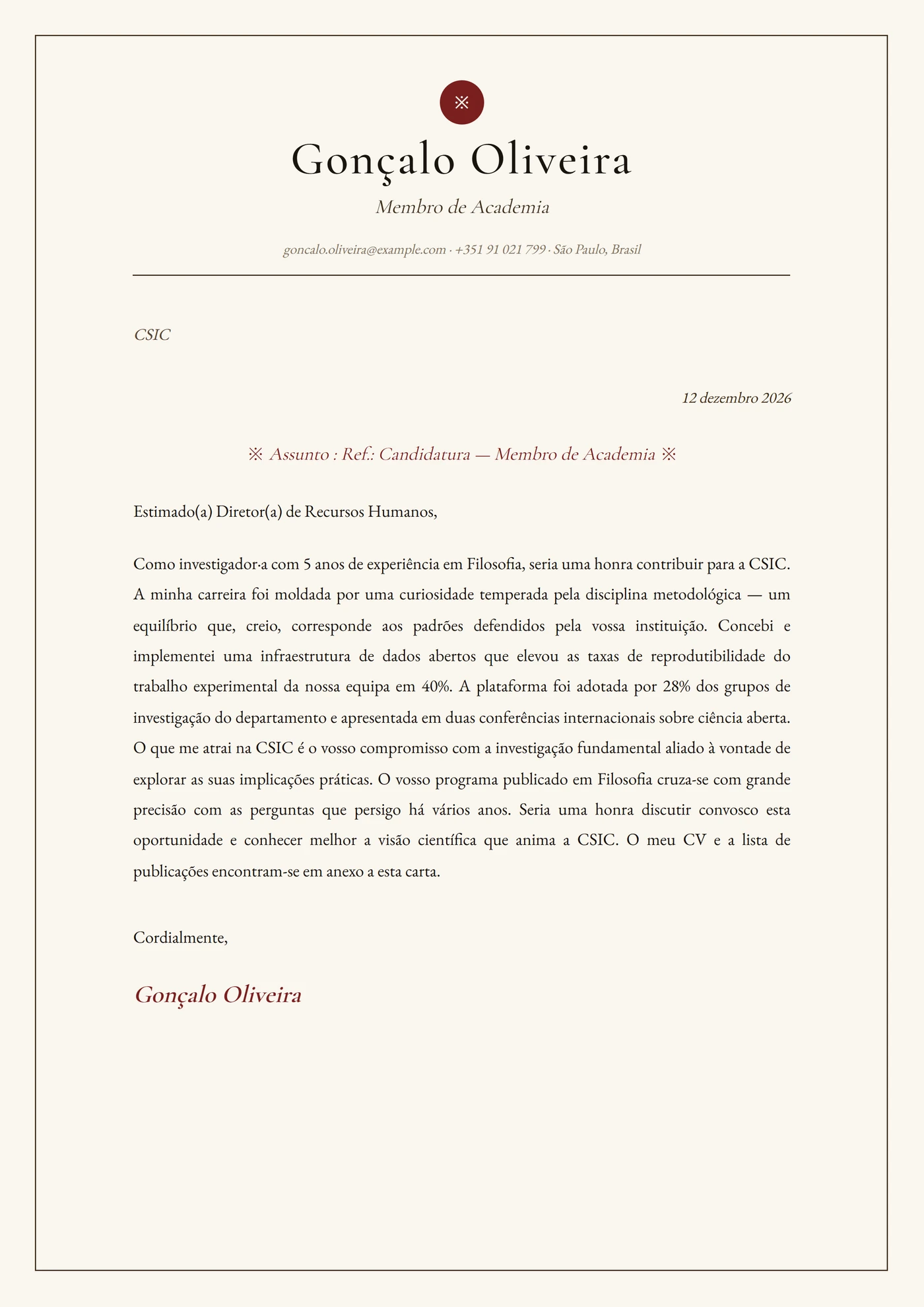 Velino — Modelos de carta de apresentação
