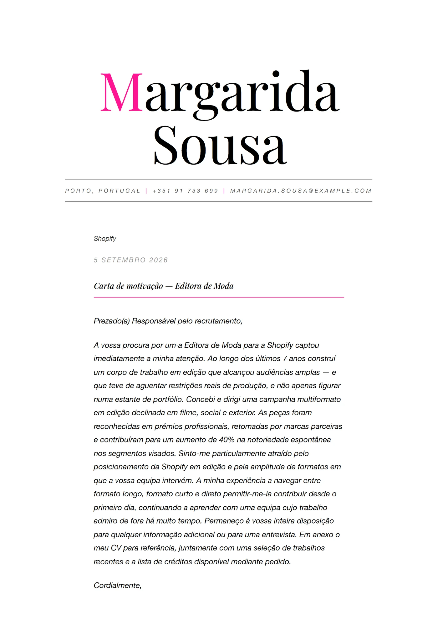 Editorial moda — Modelos de carta de apresentação