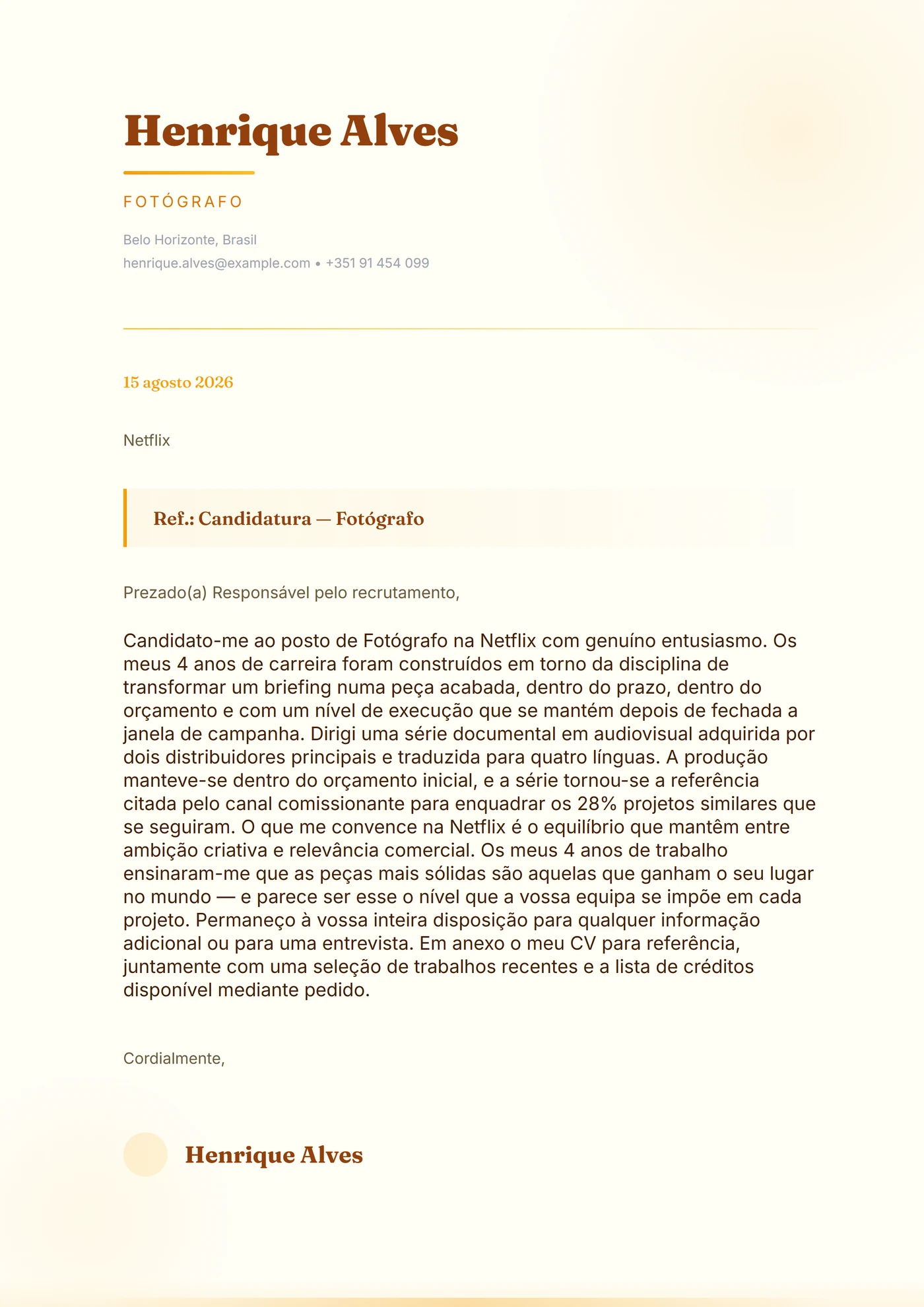 Hora dourada — Modelos de carta de apresentação