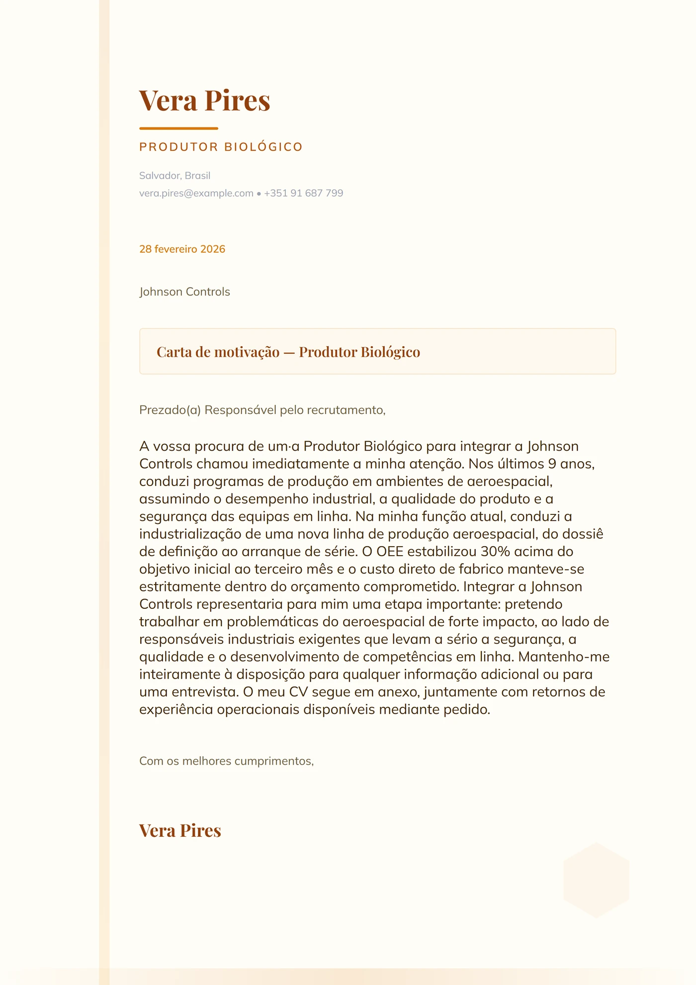 Âmbar mel — Modelos de carta de apresentação