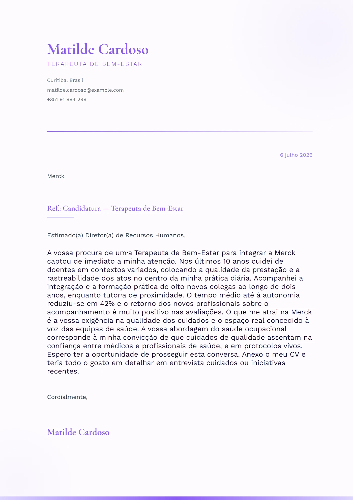 Bruma de lavanda — Modelos de carta de apresentação