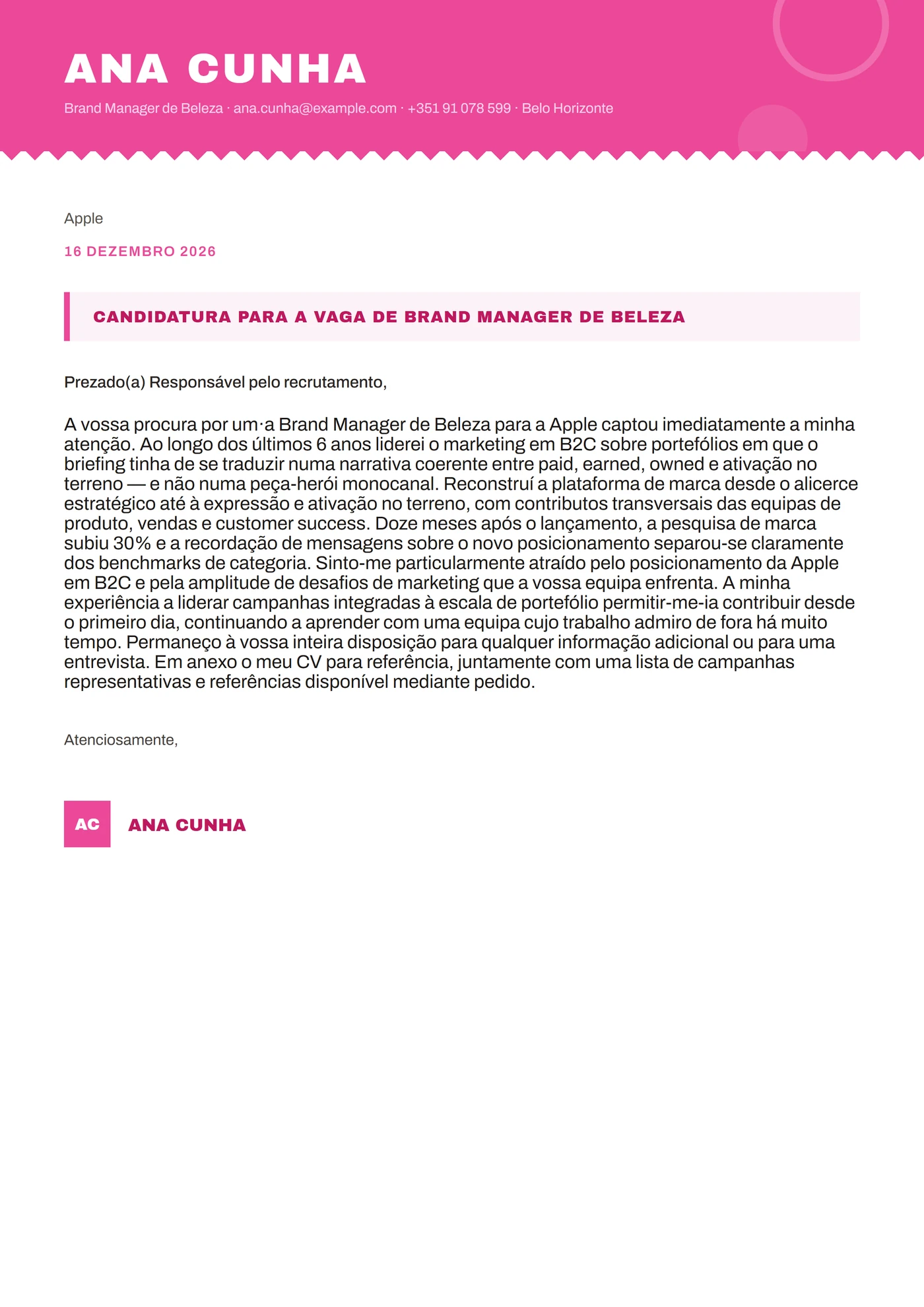 Magenta pop — Modelos de carta de apresentação