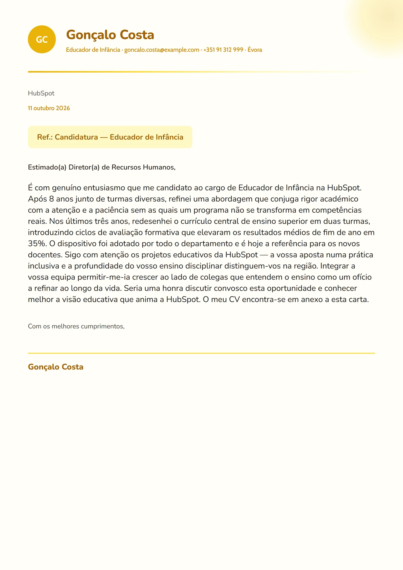 Sol de Calêndula — Modelos de carta de apresentação