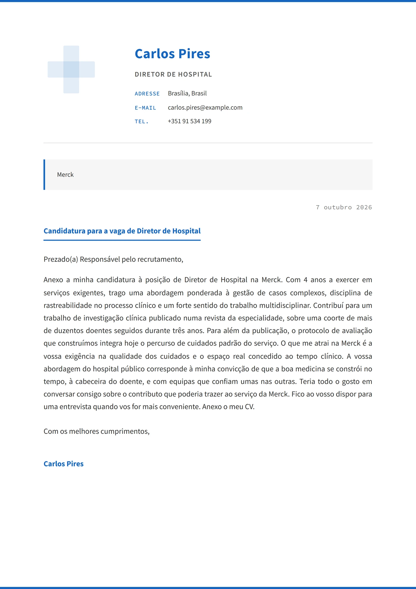 Precisão médica — Modelos de carta de apresentação