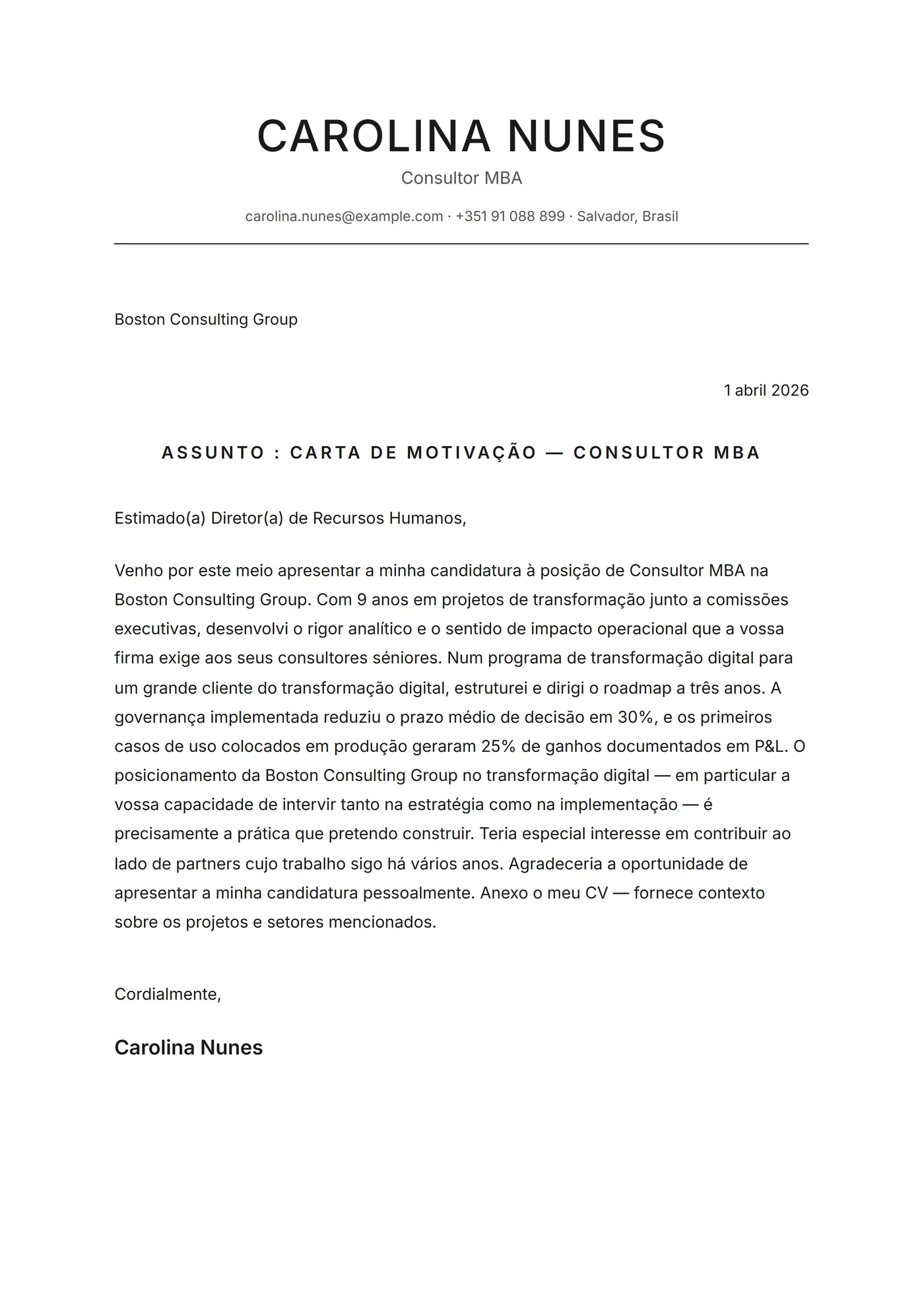Minimal centrado — Modelos de carta de apresentação