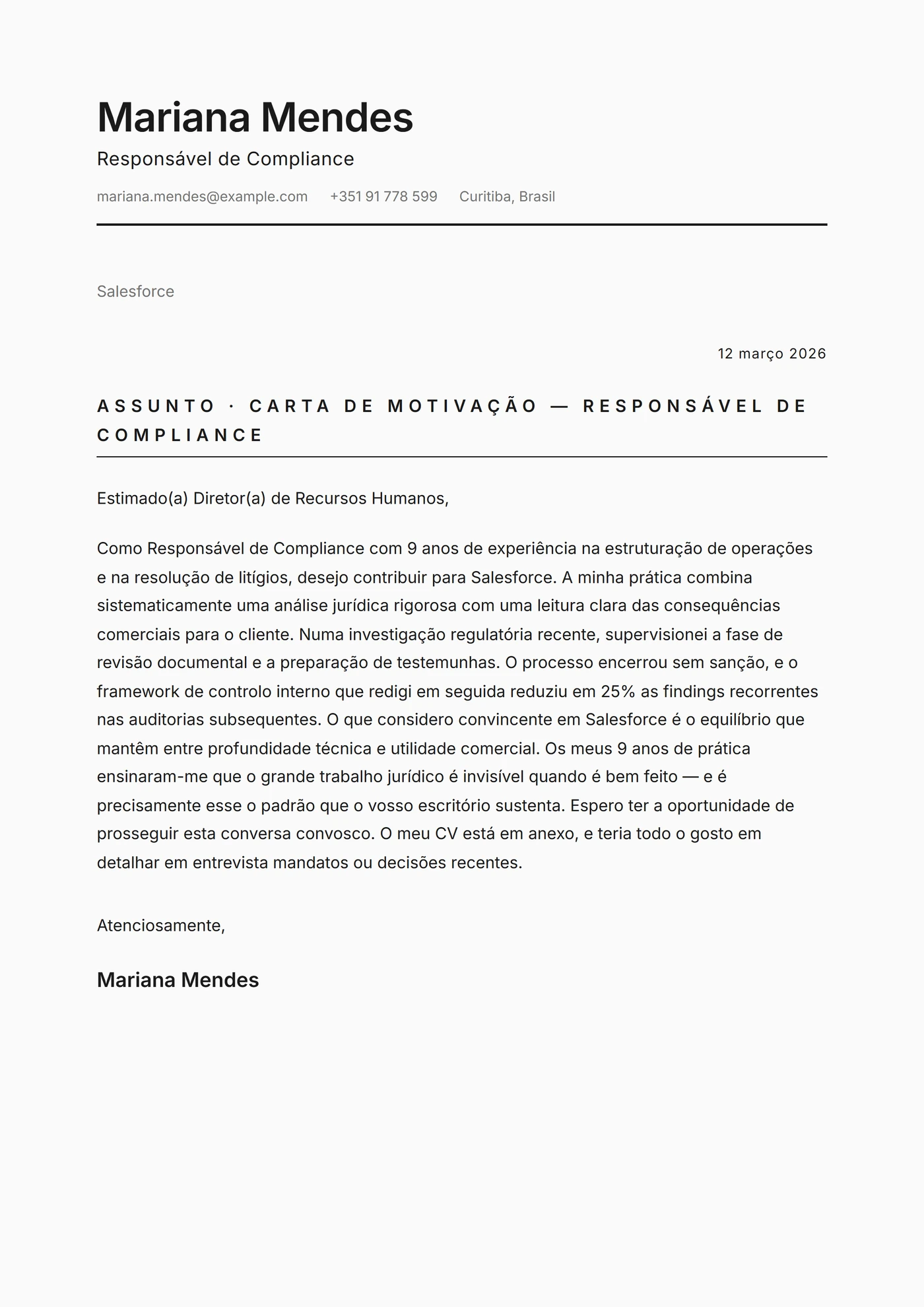 Minimal monocromático — Modelos de carta de apresentação