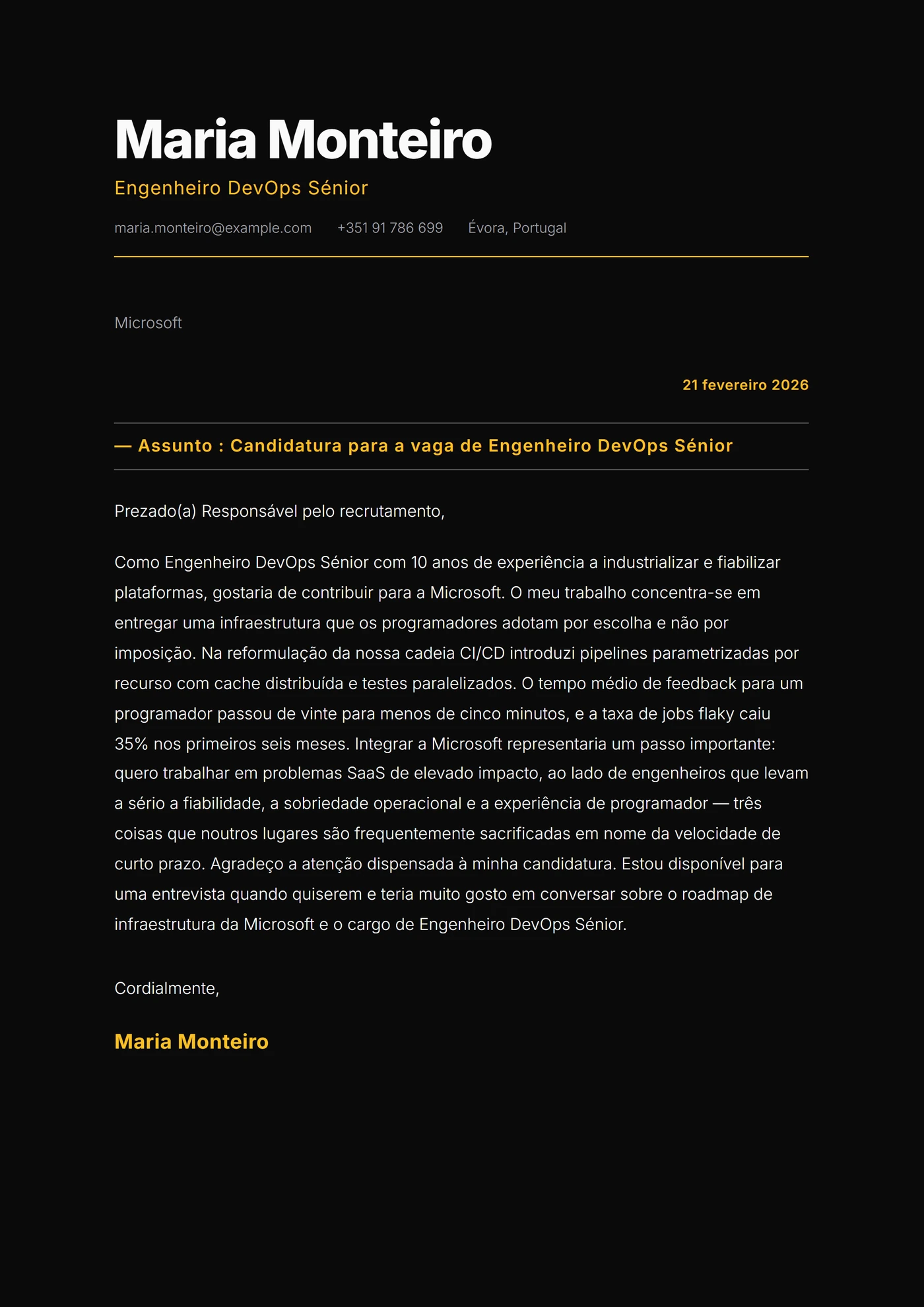 Monolito Escuro — Modelos de carta de apresentação