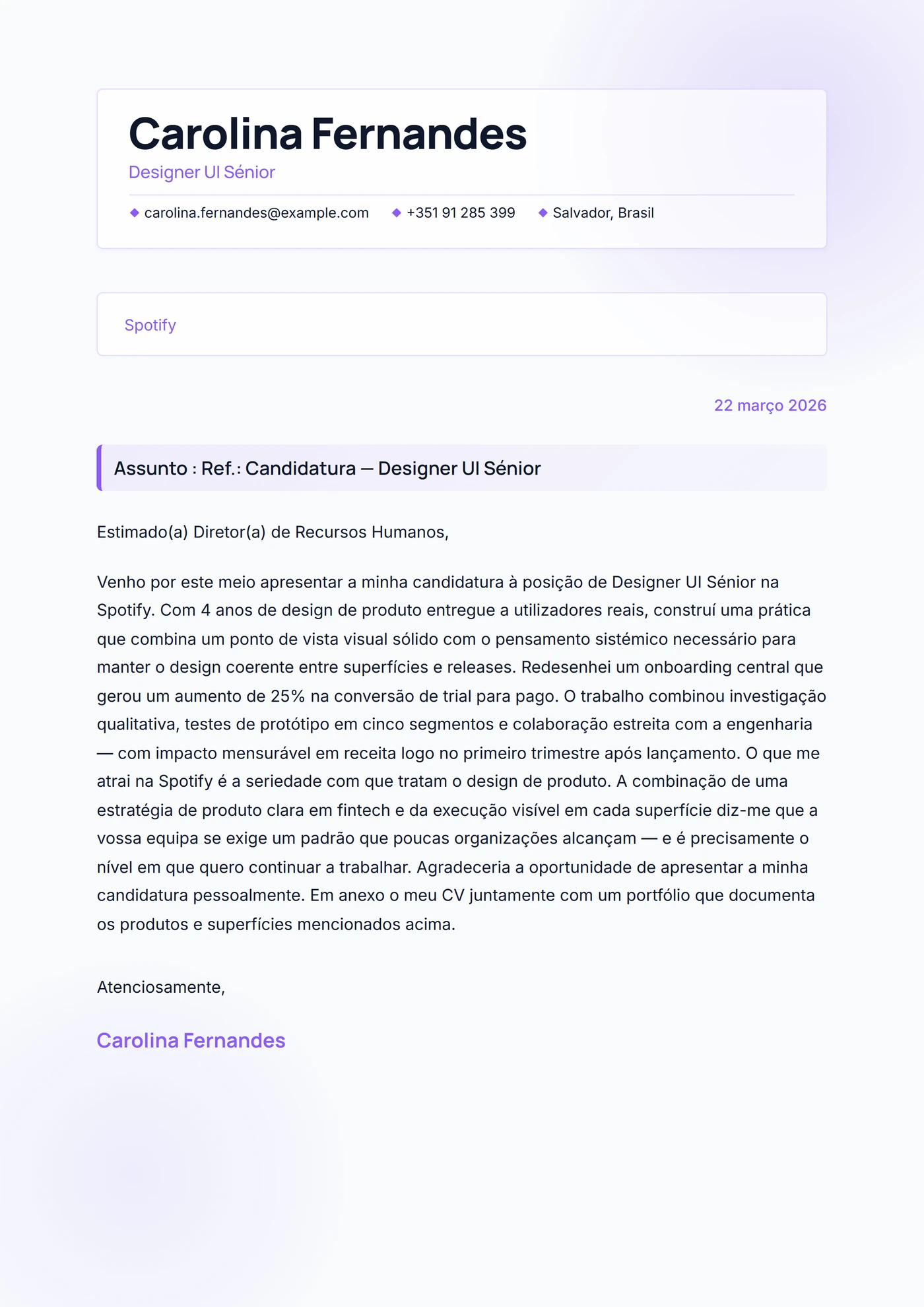 Glassmorfismo — Modelos de carta de apresentação