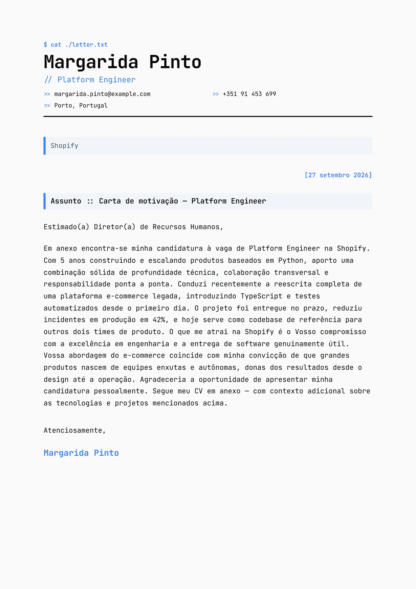 Grelha Monoespaciada — Modelos de carta de apresentação
