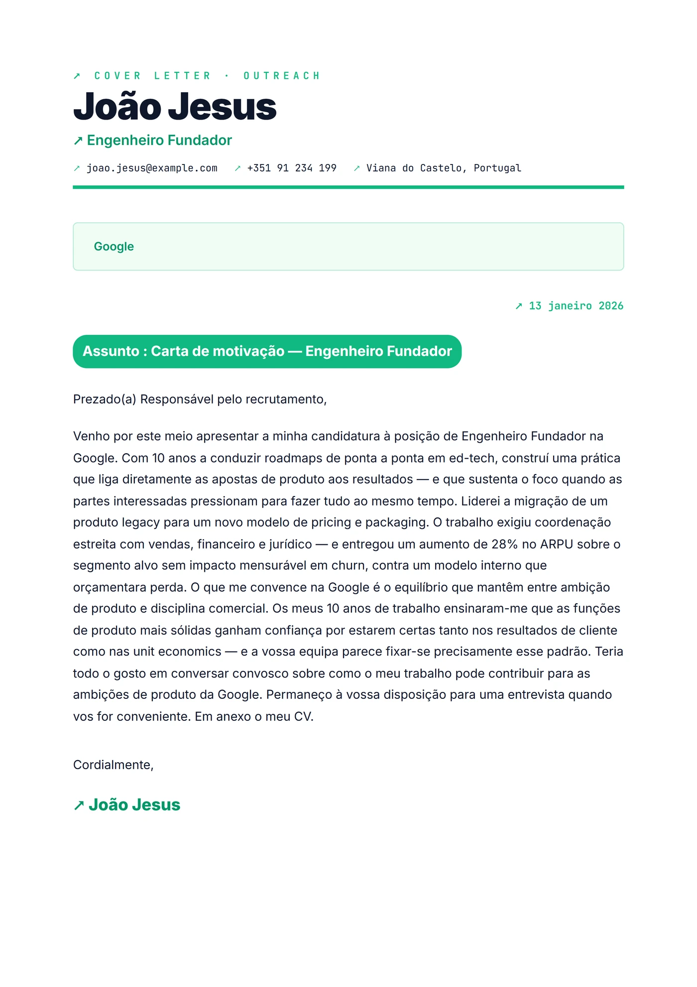 Startup Moderno — Modelos de carta de apresentação