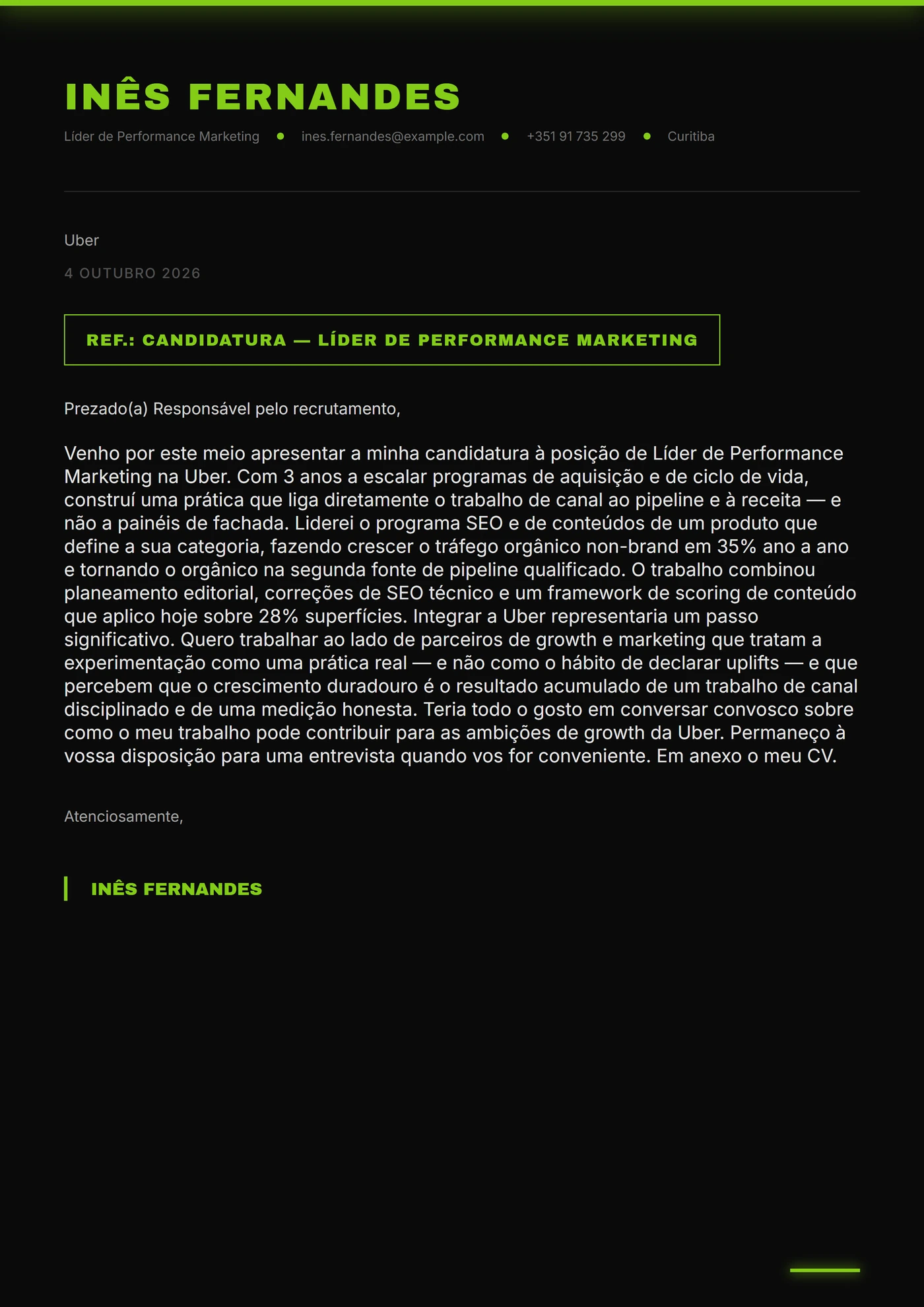 Lima Néon — Modelos de carta de apresentação