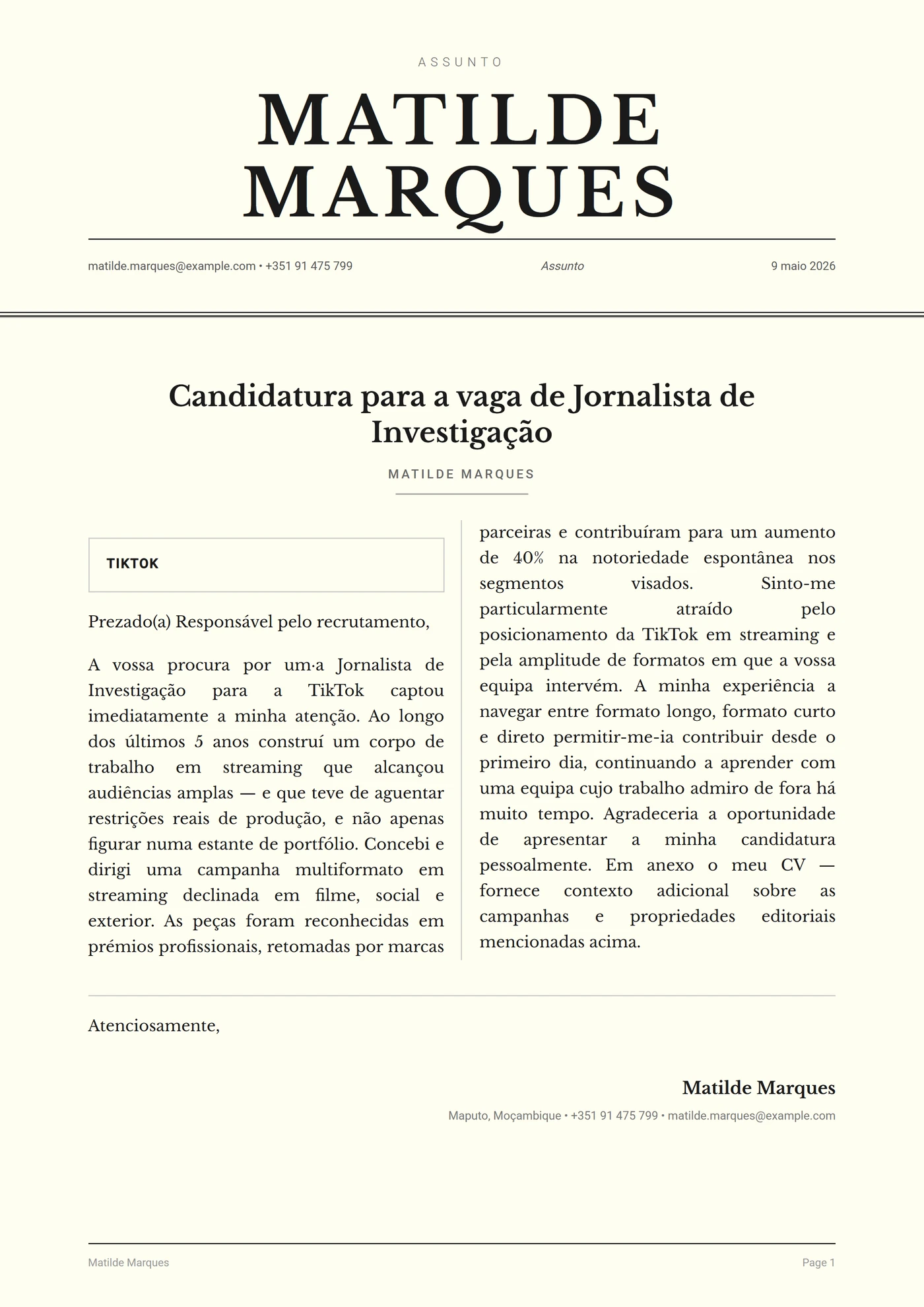 Coluna de jornal — Modelos de carta de apresentação