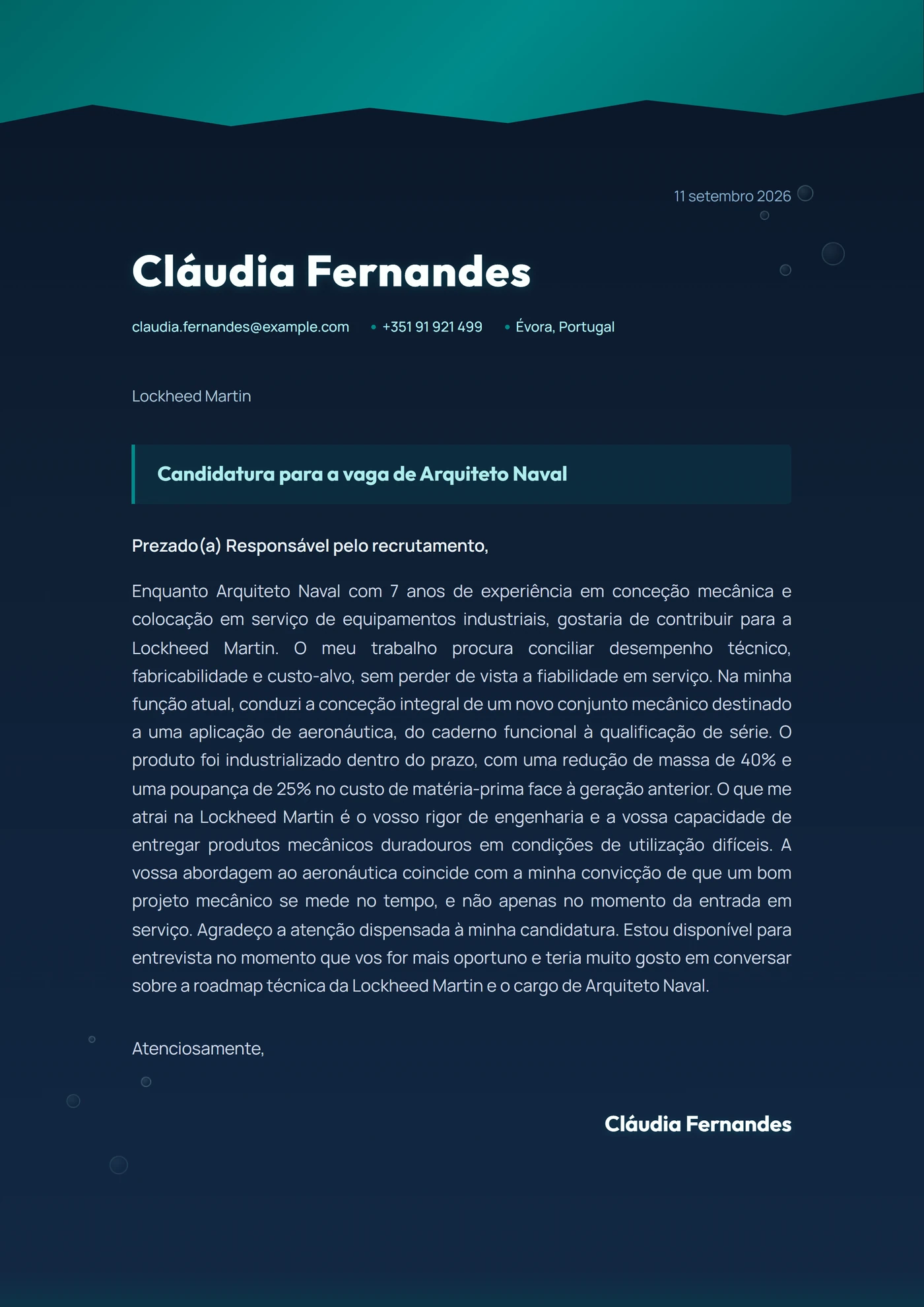 Oceano Profundo — Modelos de carta de apresentação