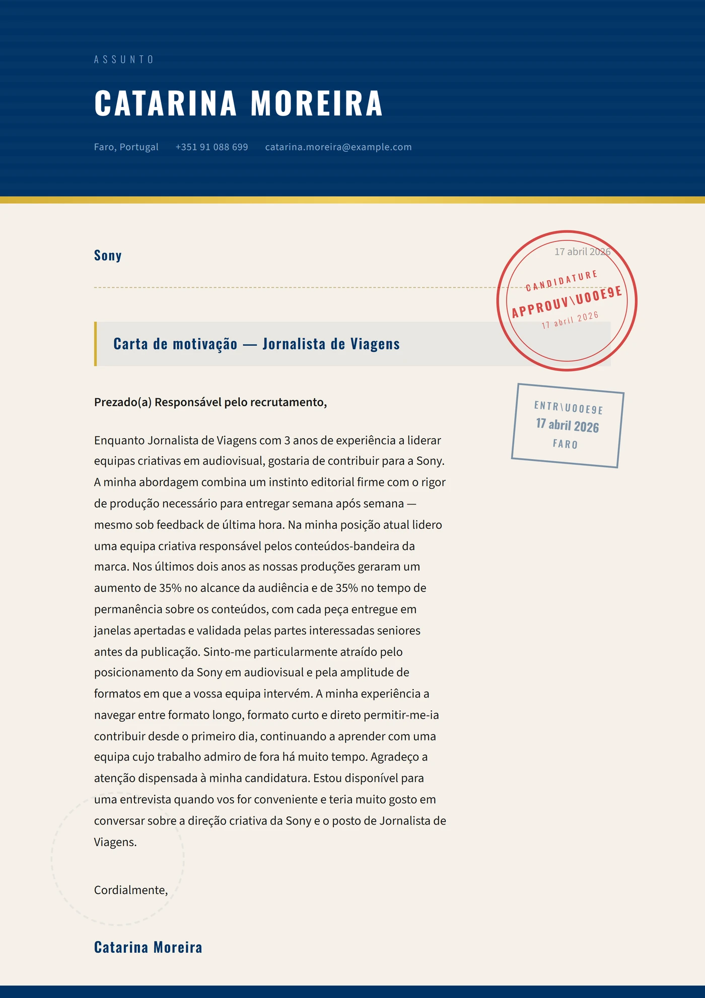 Carimbo de passaporte — Modelos de carta de apresentação