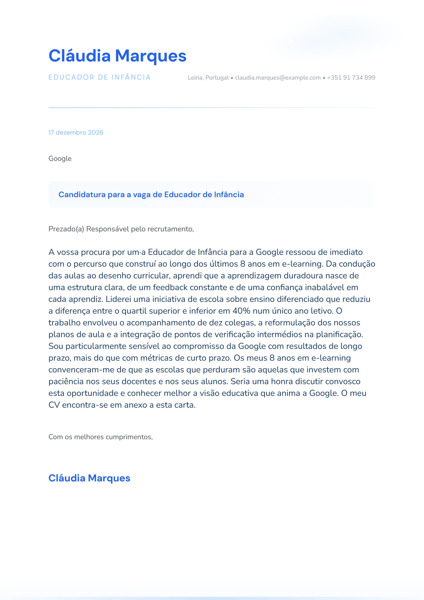 Azul pó — Modelos de carta de apresentação
