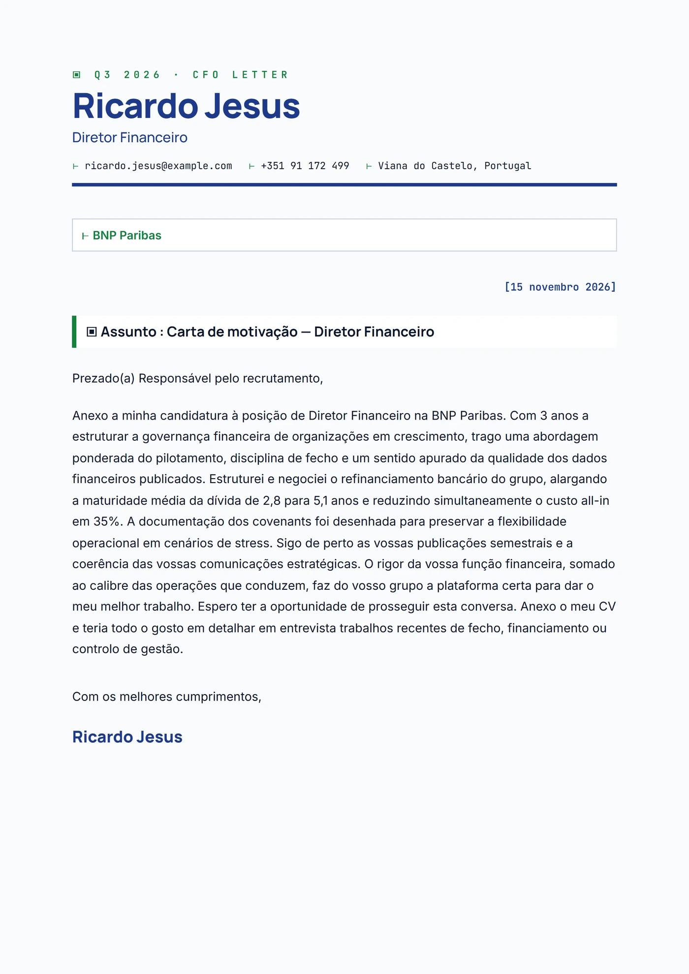 Carta CFO — Modelos de carta de apresentação